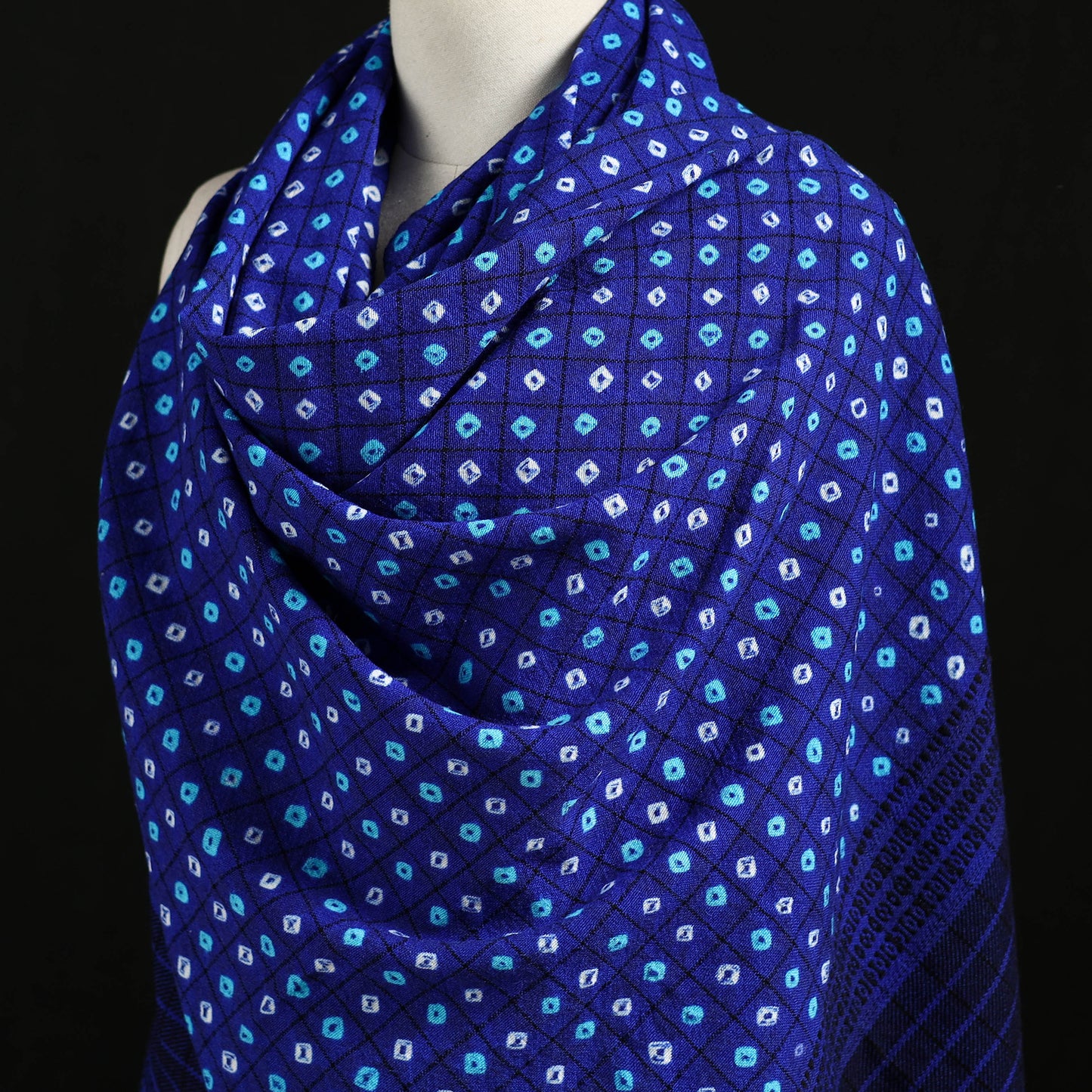 Kutch Handwoven Clamp Dyed Checks Bandhani Merino Wool Shawl 09