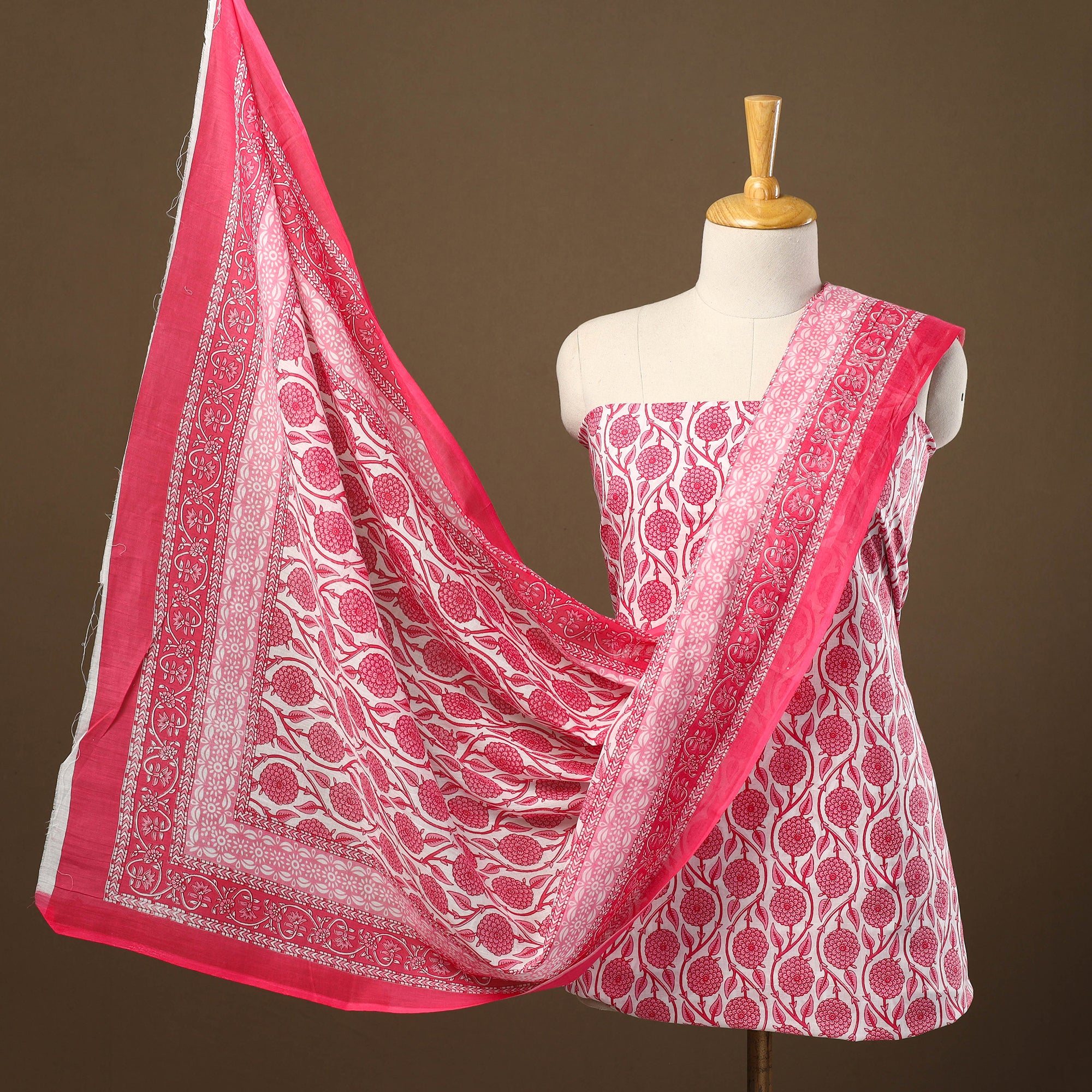 Pink 3pc Sanganeri Block Print Cotton Dress Material