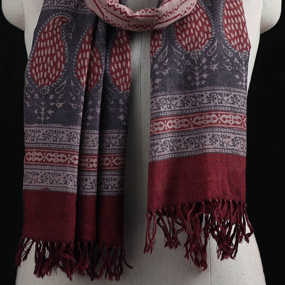 Handwoven Merino Wool Natural Dyed Hand Block Bagh Print Stole 17