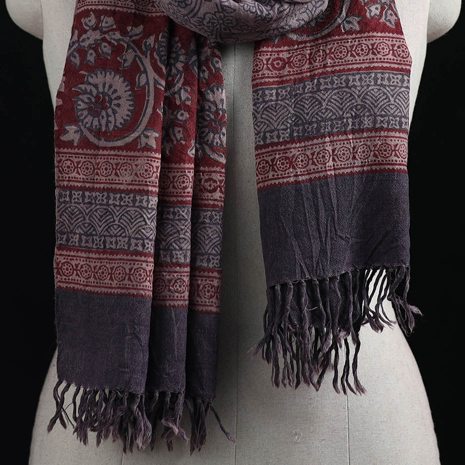 Handwoven Merino Wool Natural Dyed Hand Block Bagh Print Stole 18