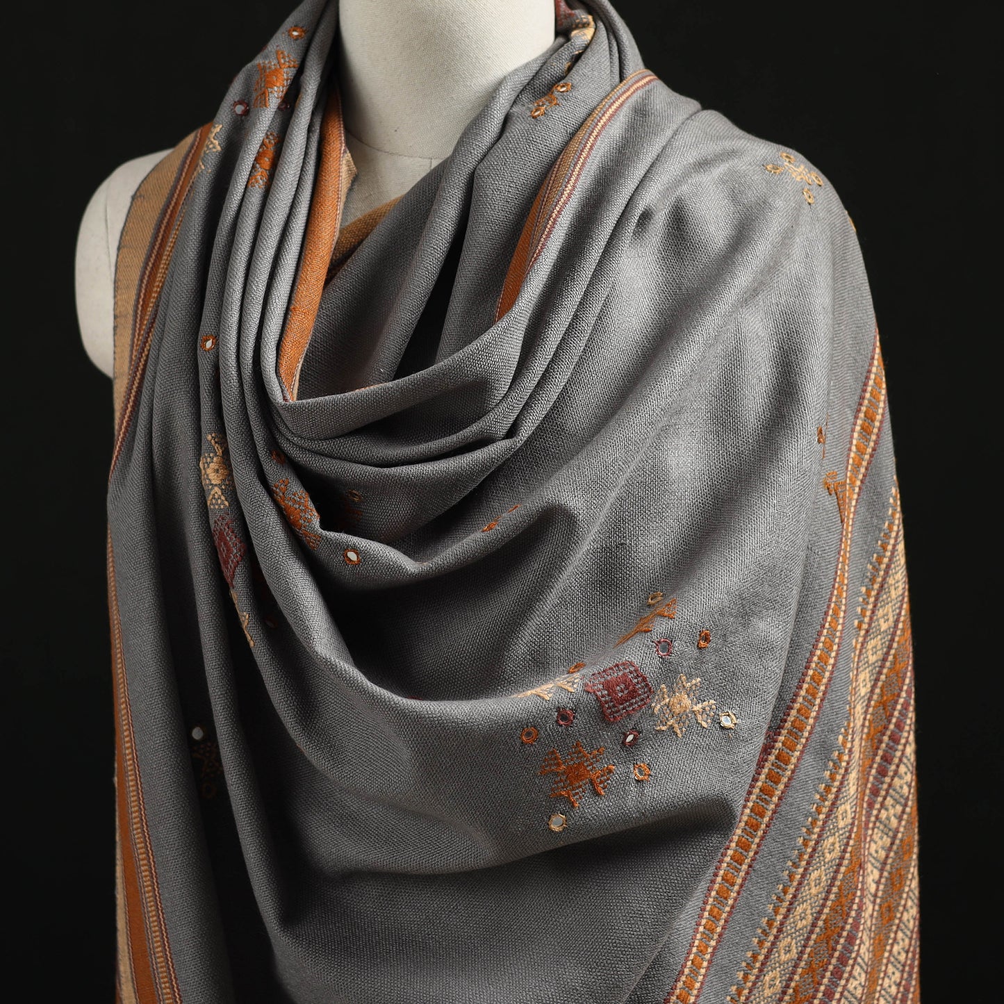Kutch Handwoven Mirror Work Chomuk Buta Acrylic Wool Shawl 06