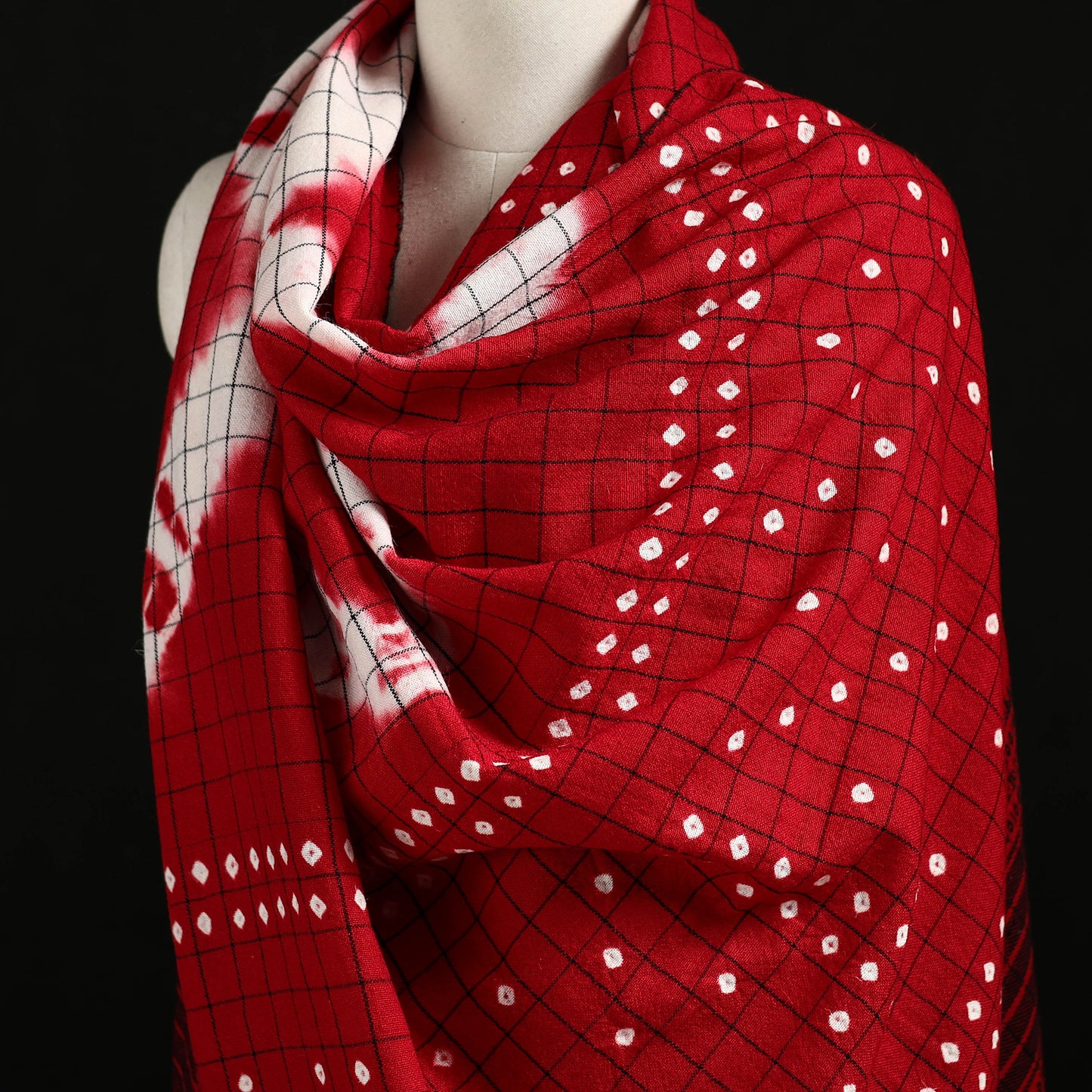 Kutch Handwoven Clamp Dyed Checks Bandhani Merino Wool Shawl 10