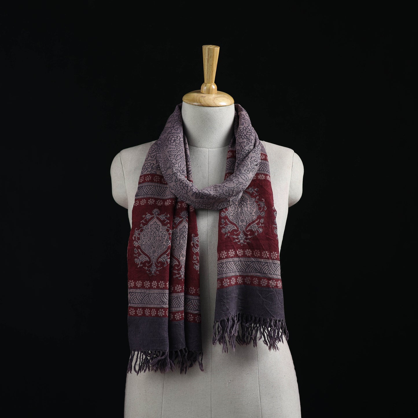 Handwoven Merino Wool Natural Dyed Hand Block Bagh Print Stole 19