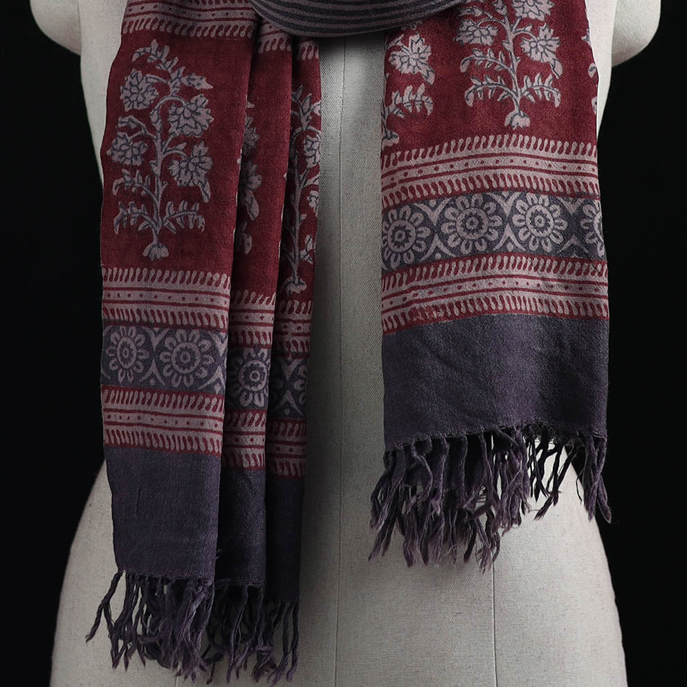 Handwoven Merino Wool Natural Dyed Hand Block Bagh Print Stole 21