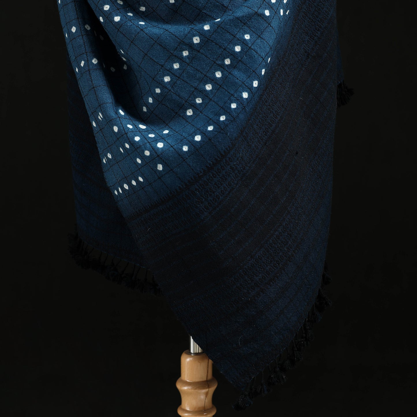Kutch Handwoven Clamp Dyed Checks Bandhani Merino Wool Shawl 11