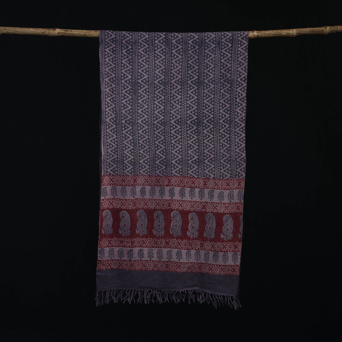 Handwoven Merino Wool Natural Dyed Hand Block Bagh Print Stole 02