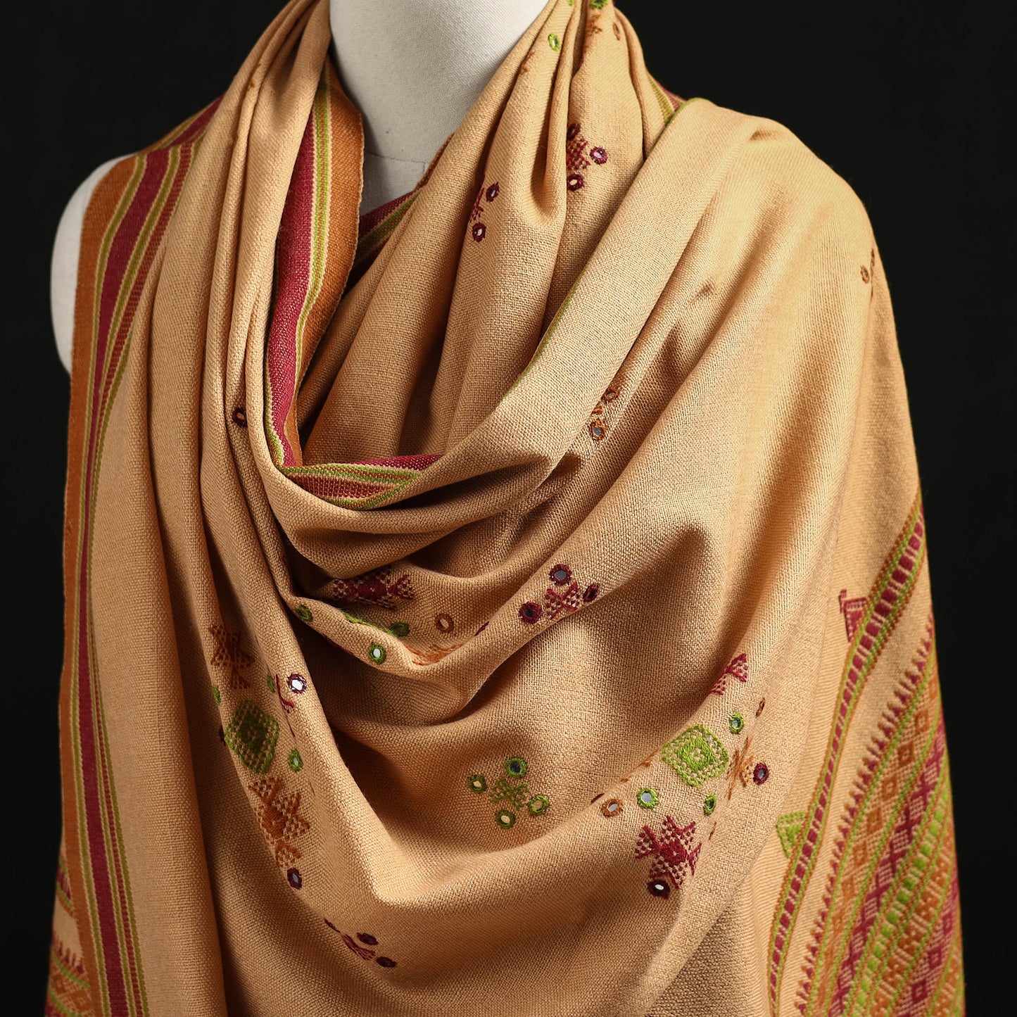 Kutch Handwoven Mirror Work Chomuk Buta Acrylic Wool Shawl 09