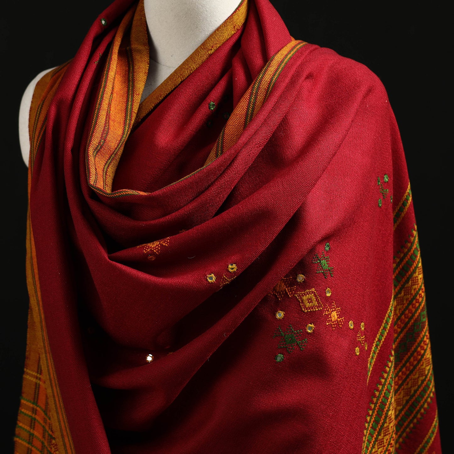 Kutch Handwoven Mirror Work Chomuk Buta Acrylic Wool Shawl 10