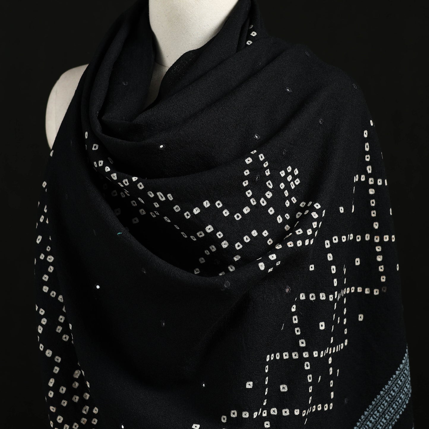 Kutch Handwoven Bandhani Mirror Work Merino Wool Shawl 17