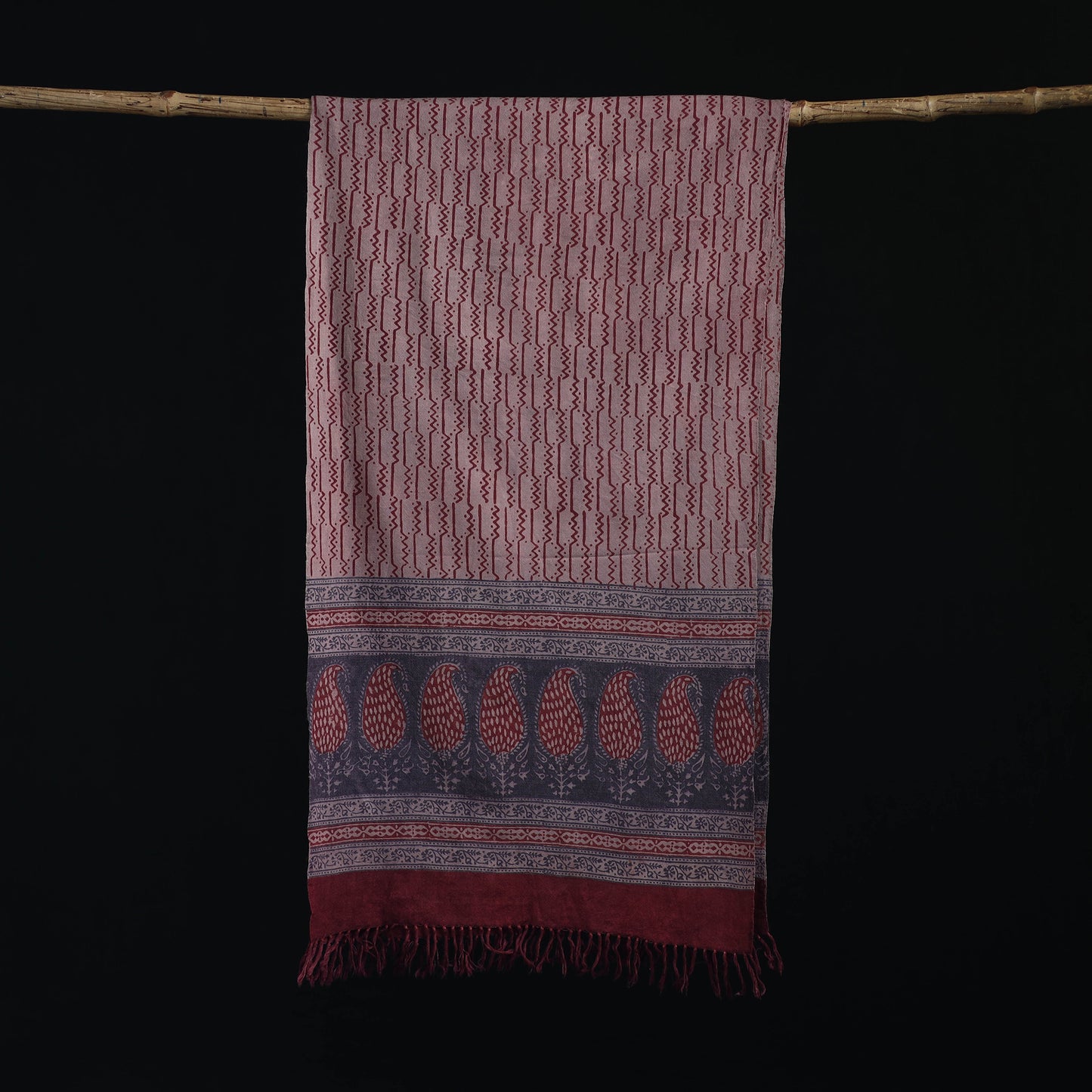 Handwoven Merino Wool Natural Dyed Hand Block Bagh Print Stole 17
