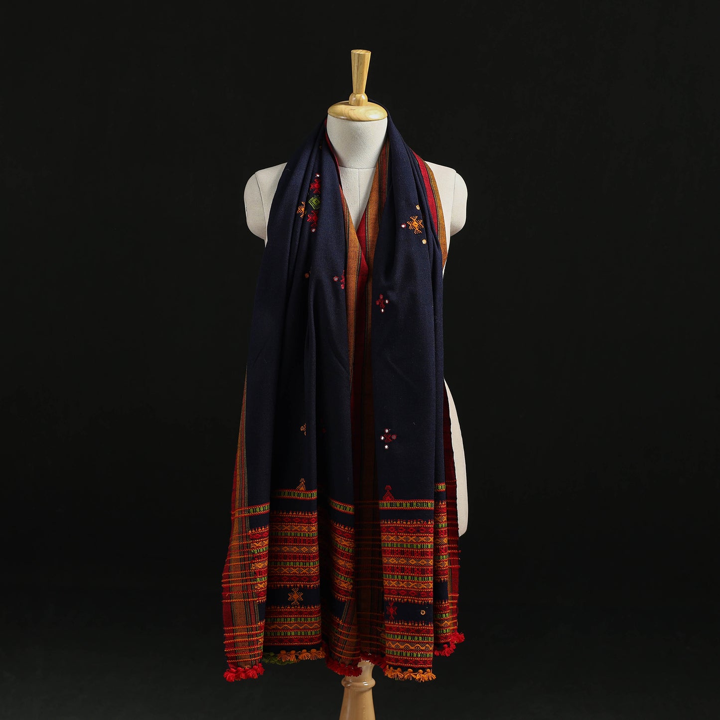 Kutch Handwoven Mirror Work Chomuk Buta Acrylic Wool Shawl 13