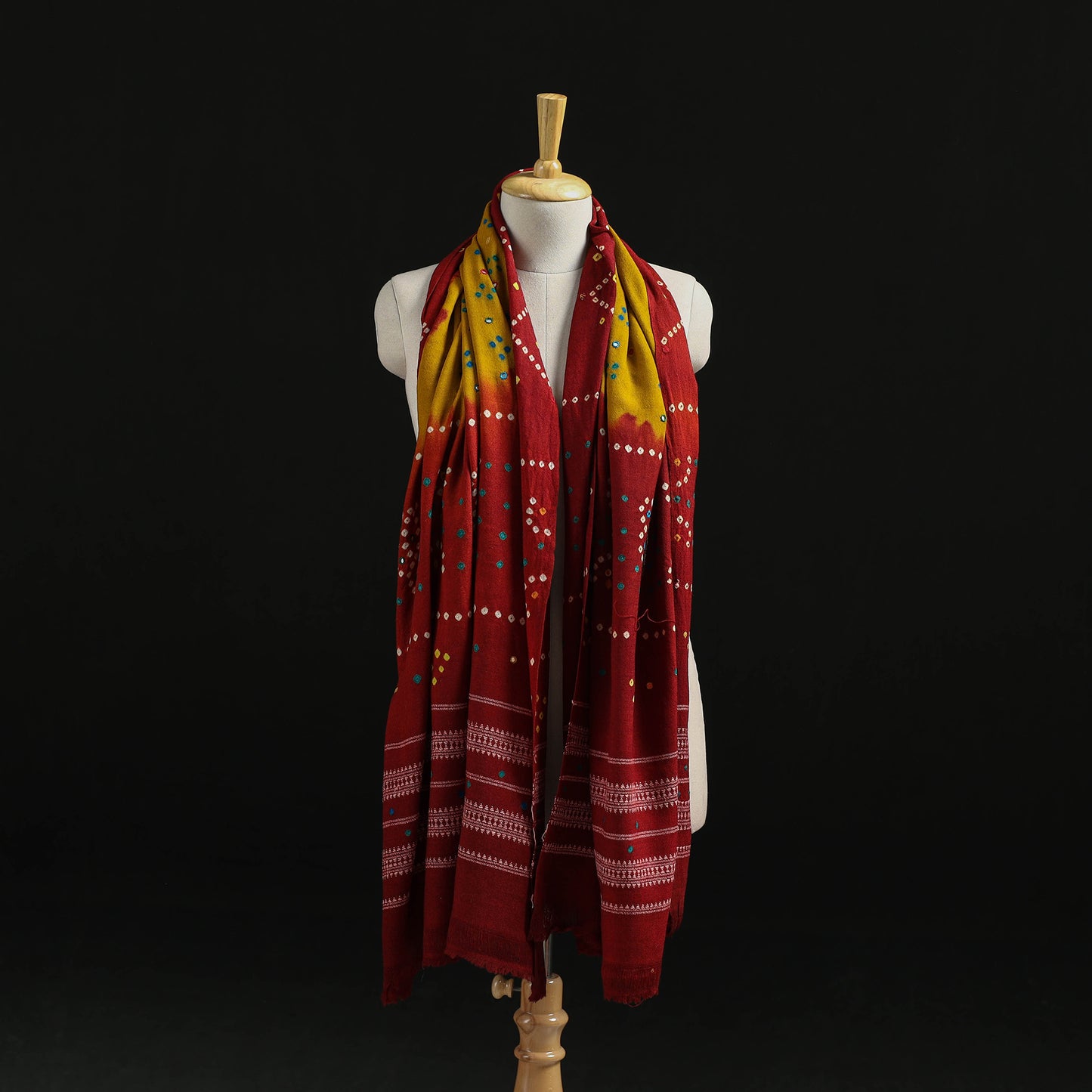 Kutch Handwoven Mirror Work Bandhani Tie-Dye Bagida Merino Wool Shawl 18