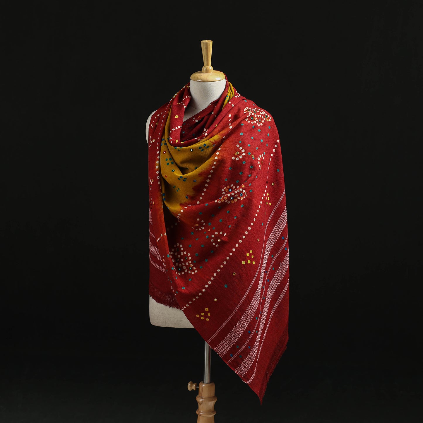 Kutch Handwoven Mirror Work Bandhani Tie-Dye Bagida Merino Wool Shawl 18