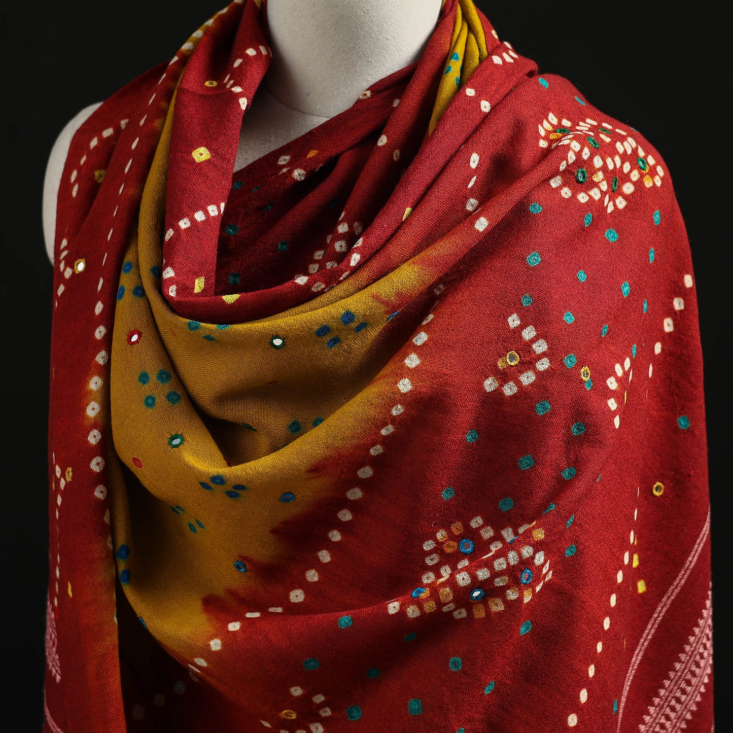 Kutch Handwoven Mirror Work Bandhani Tie-Dye Bagida Merino Wool Shawl 18