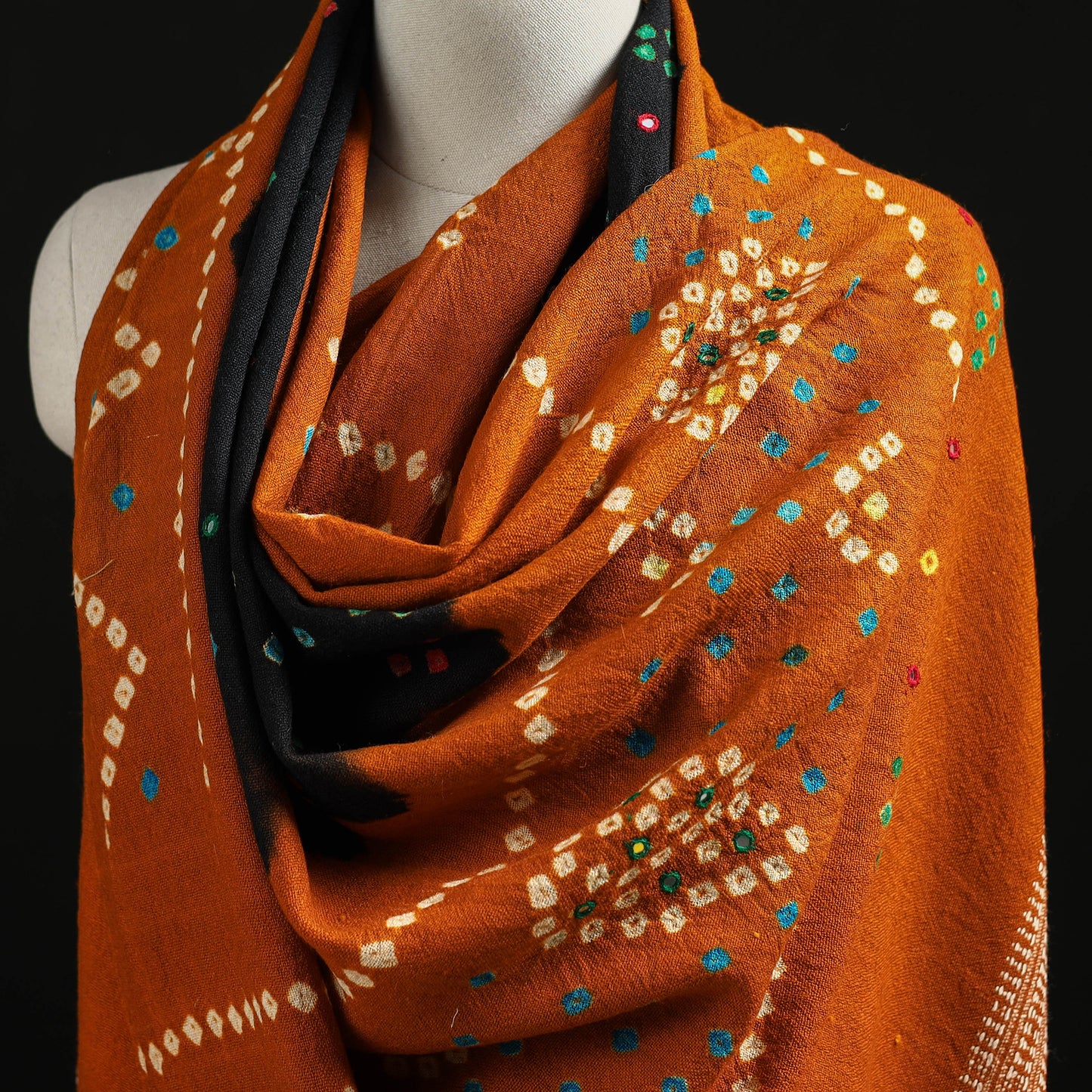 Kutch Handwoven Mirror Work Bandhani Tie-Dye Bagida Merino Wool Shawl 21
