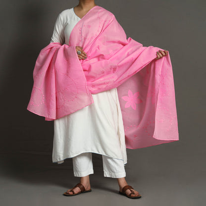 Pink - Patti Kaam Applique Work Cotton Dupatta from Rampur 12