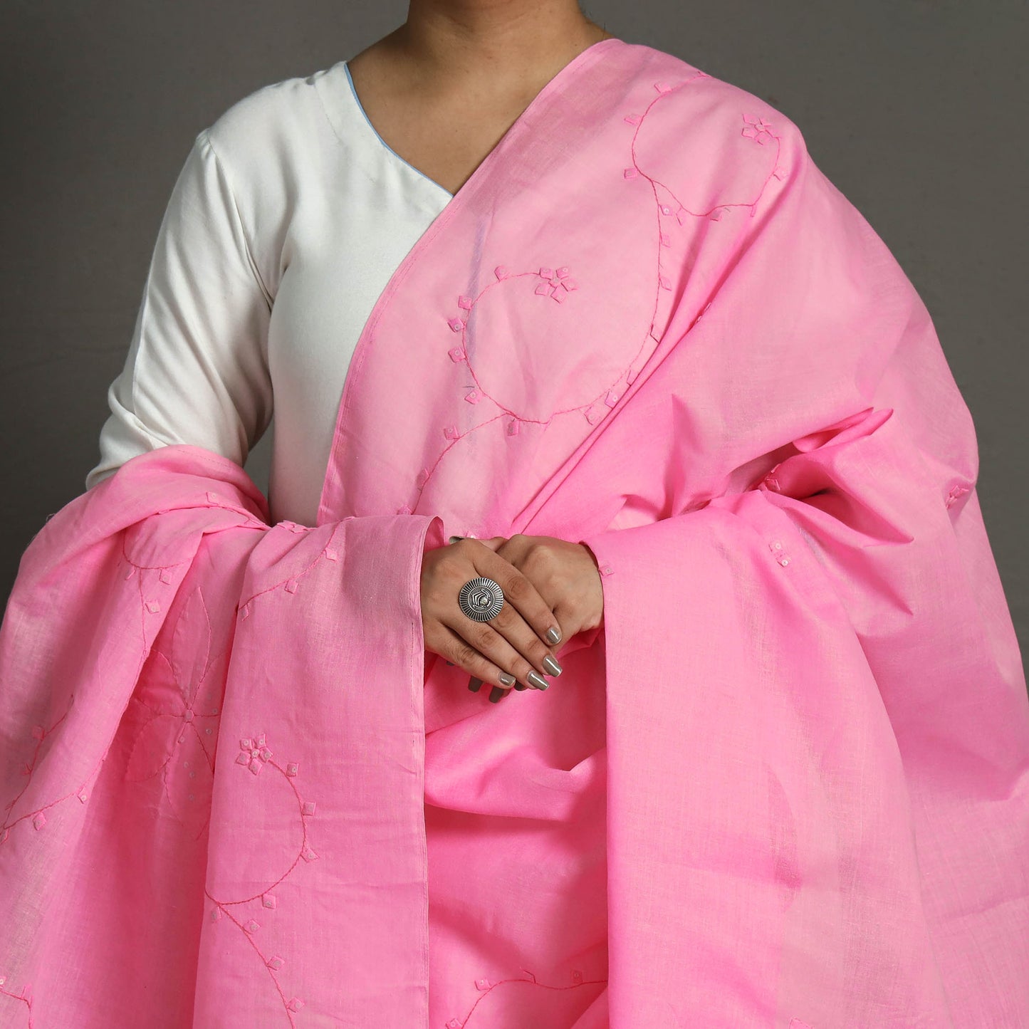Pink - Patti Kaam Applique Work Cotton Dupatta from Rampur 12