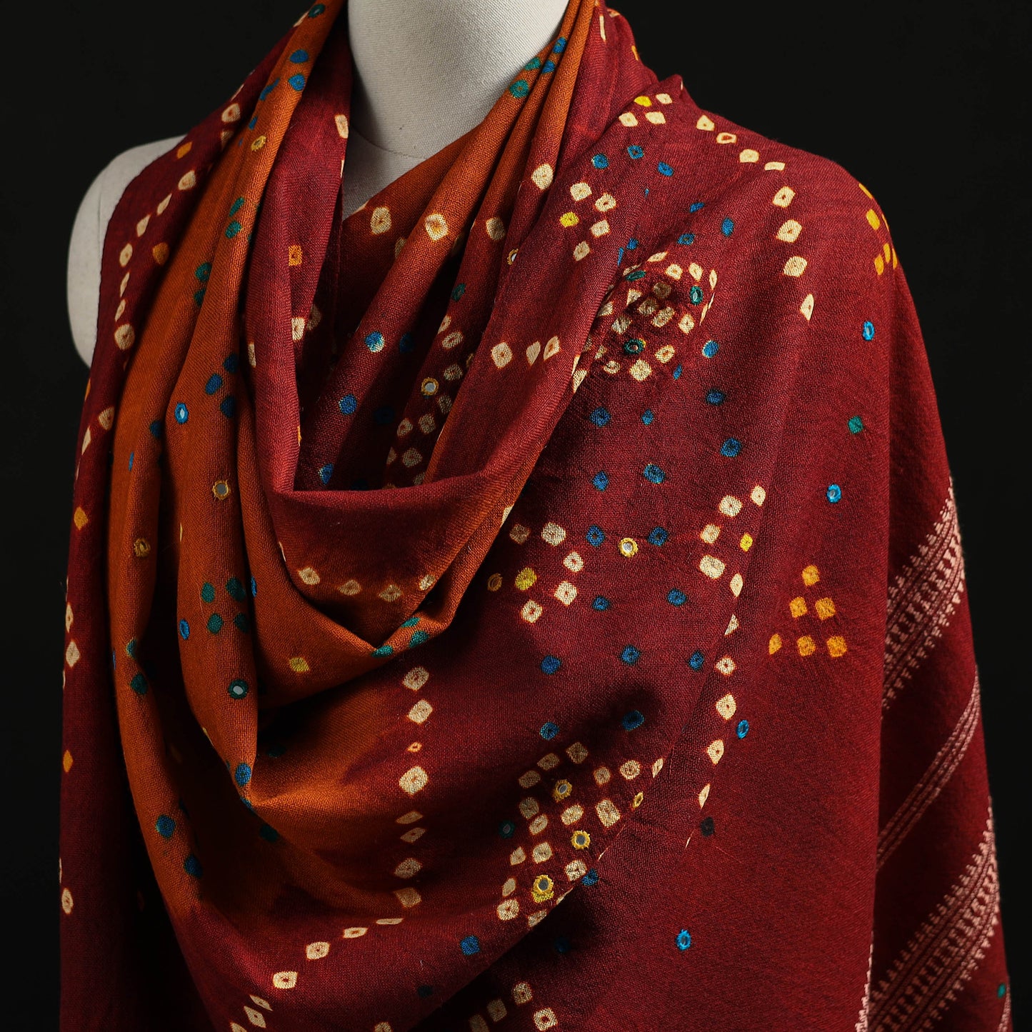 Kutch Handwoven Mirror Work Bandhani Tie-Dye Bagida Merino Wool Shawl 22