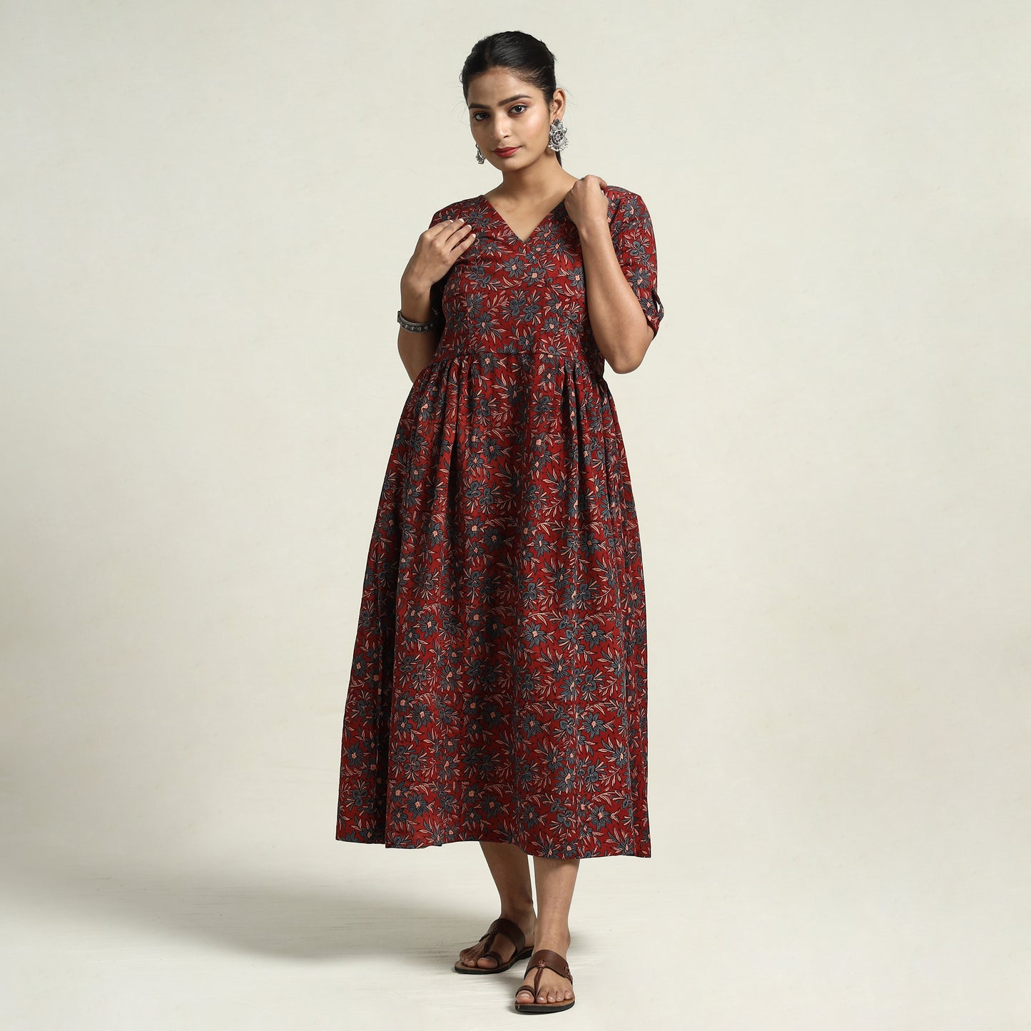 Red - Ajrakh Hand Block Printed Cotton Flared Gher Dress