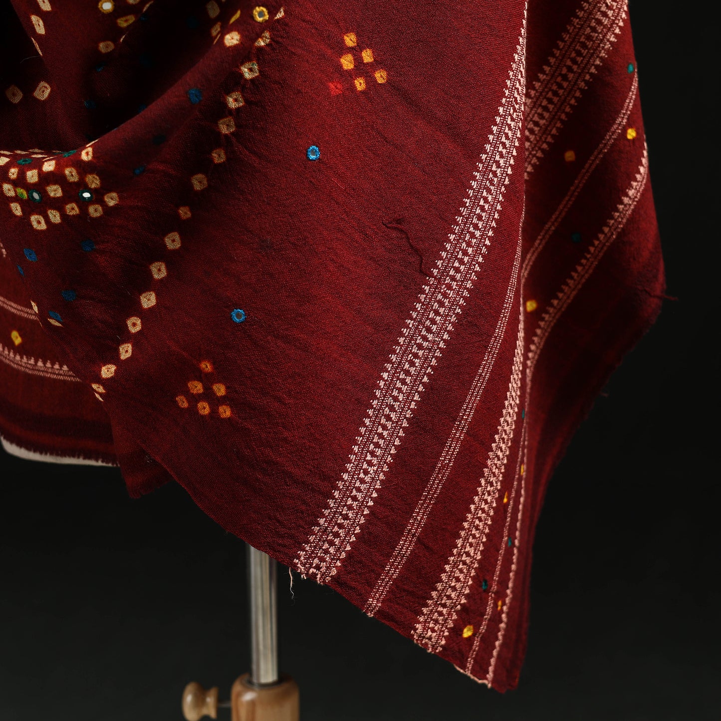Kutch Handwoven Mirror Work Bandhani Tie-Dye Bagida Merino Wool Shawl 22
