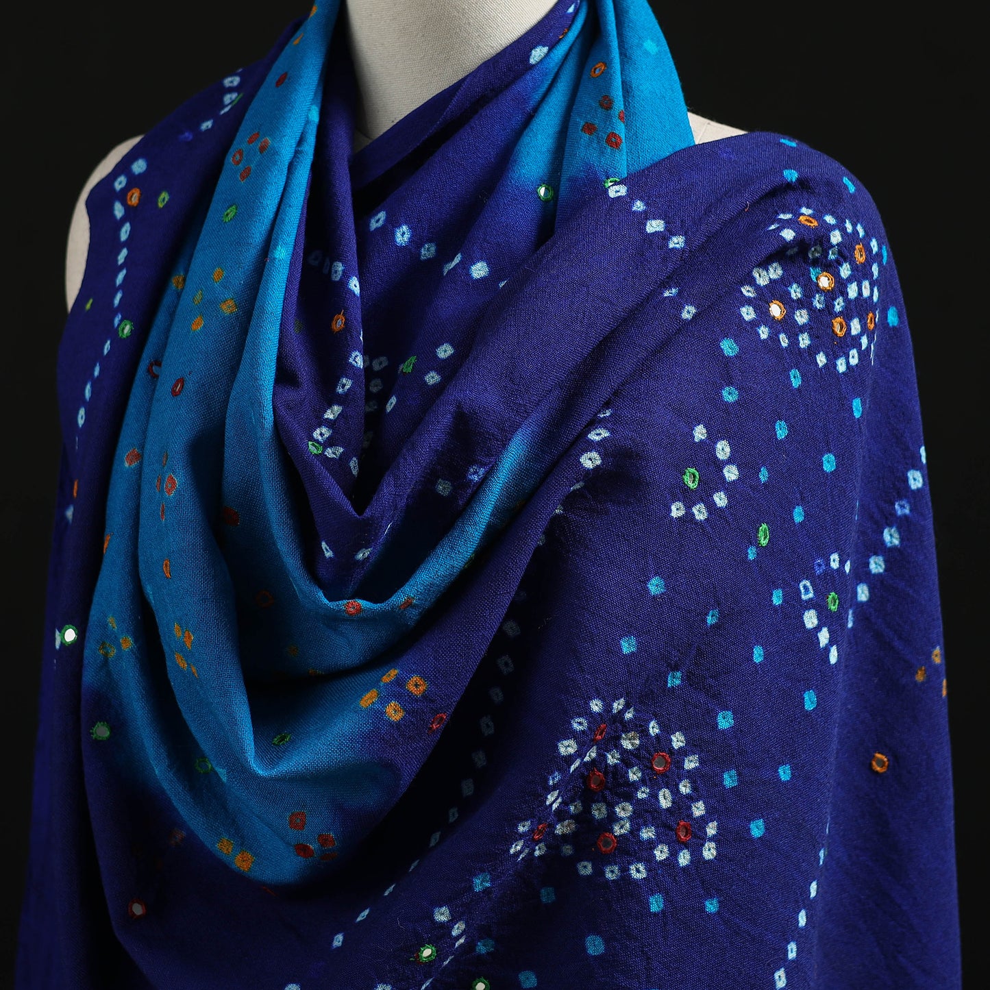 Kutch Handwoven Mirror Work Bandhani Tie-Dye Bagida Merino Wool Shawl 23