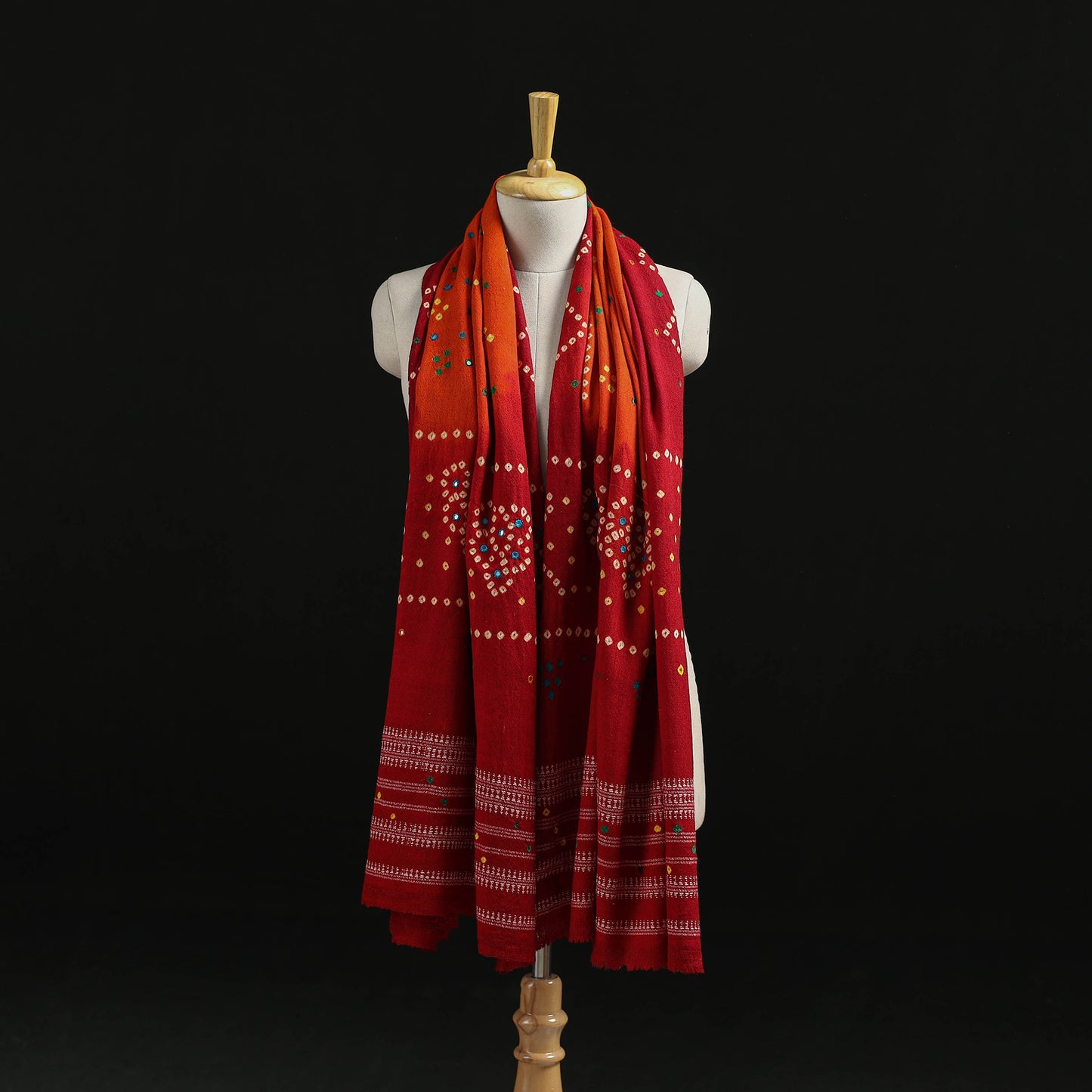 Kutch Handwoven Mirror Work Bandhani Tie-Dye Bagida Merino Wool Shawl 24