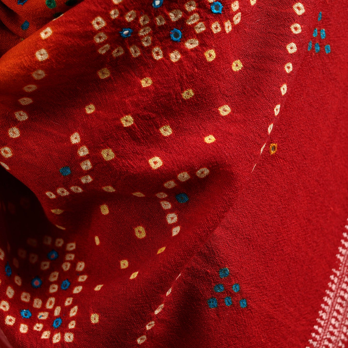 Kutch Handwoven Mirror Work Bandhani Tie-Dye Bagida Merino Wool Shawl 24