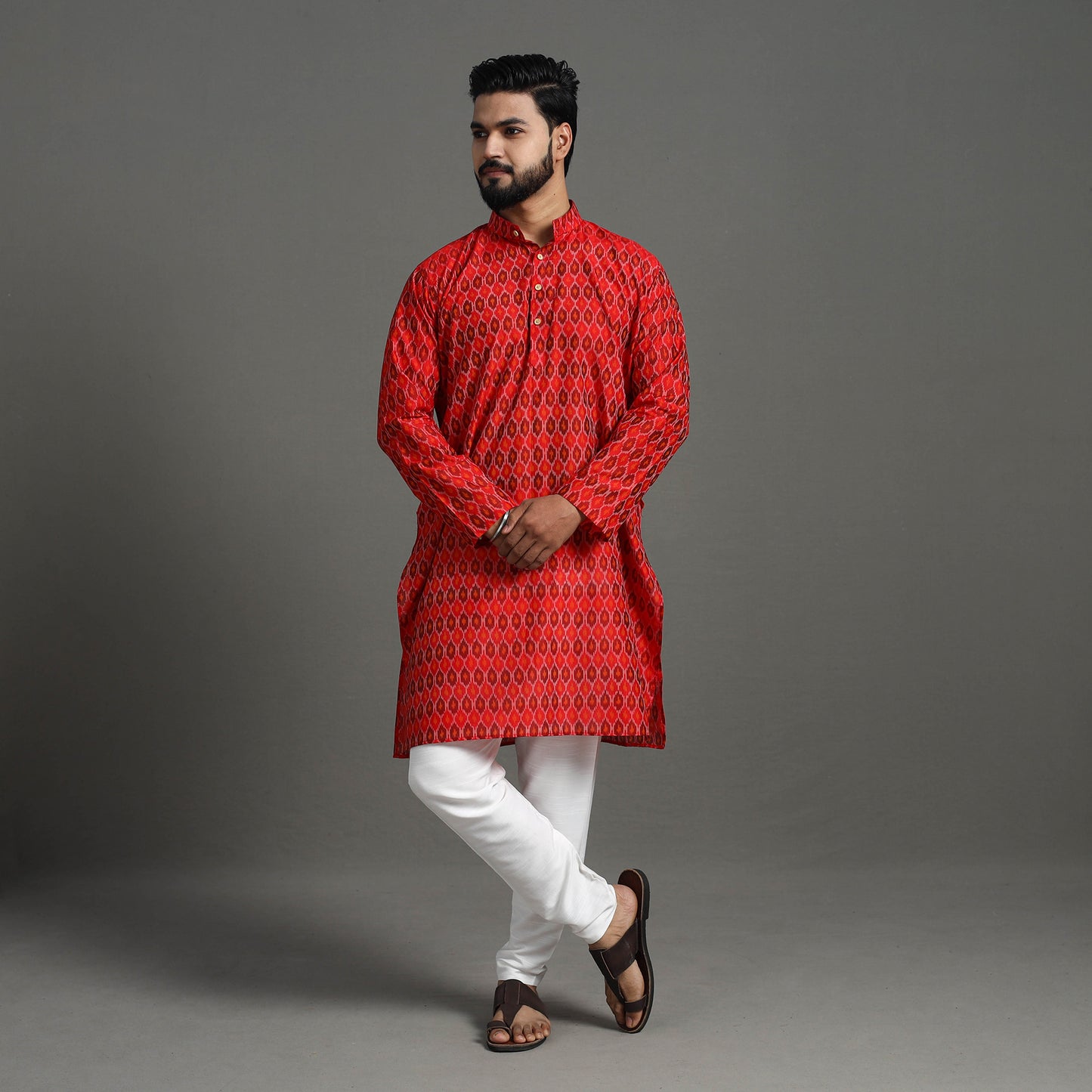 Red Silk Cotton Handwoven Pochampally Ikat Kurta for Men
