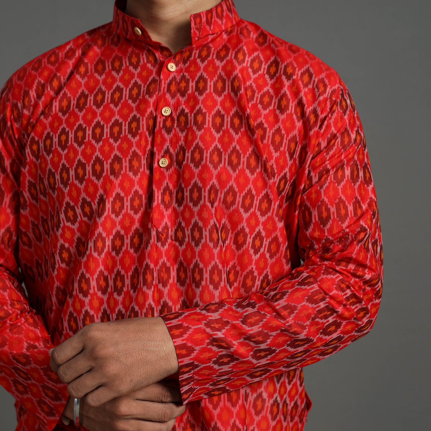 Red Silk Cotton Handwoven Pochampally Ikat Kurta for Men