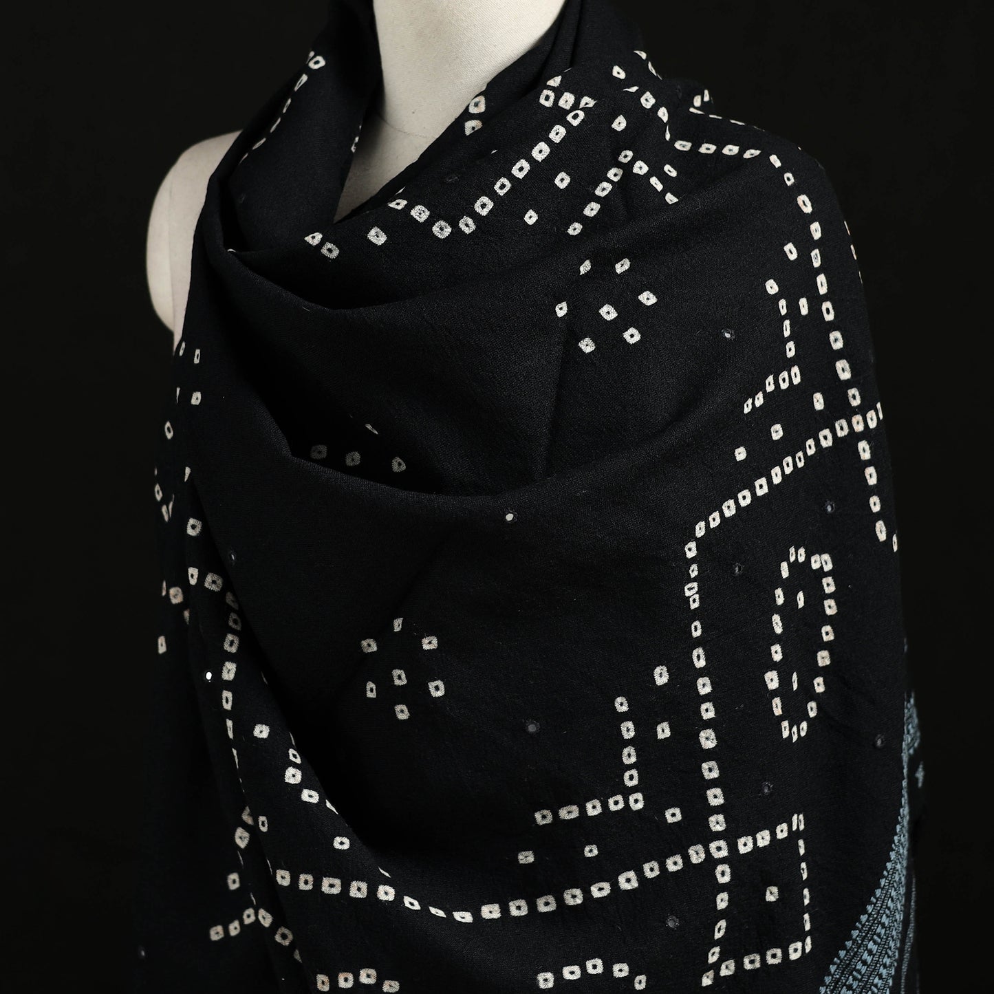 Kutch Handwoven Bandhani Mirror Work Merino Wool Shawl 19