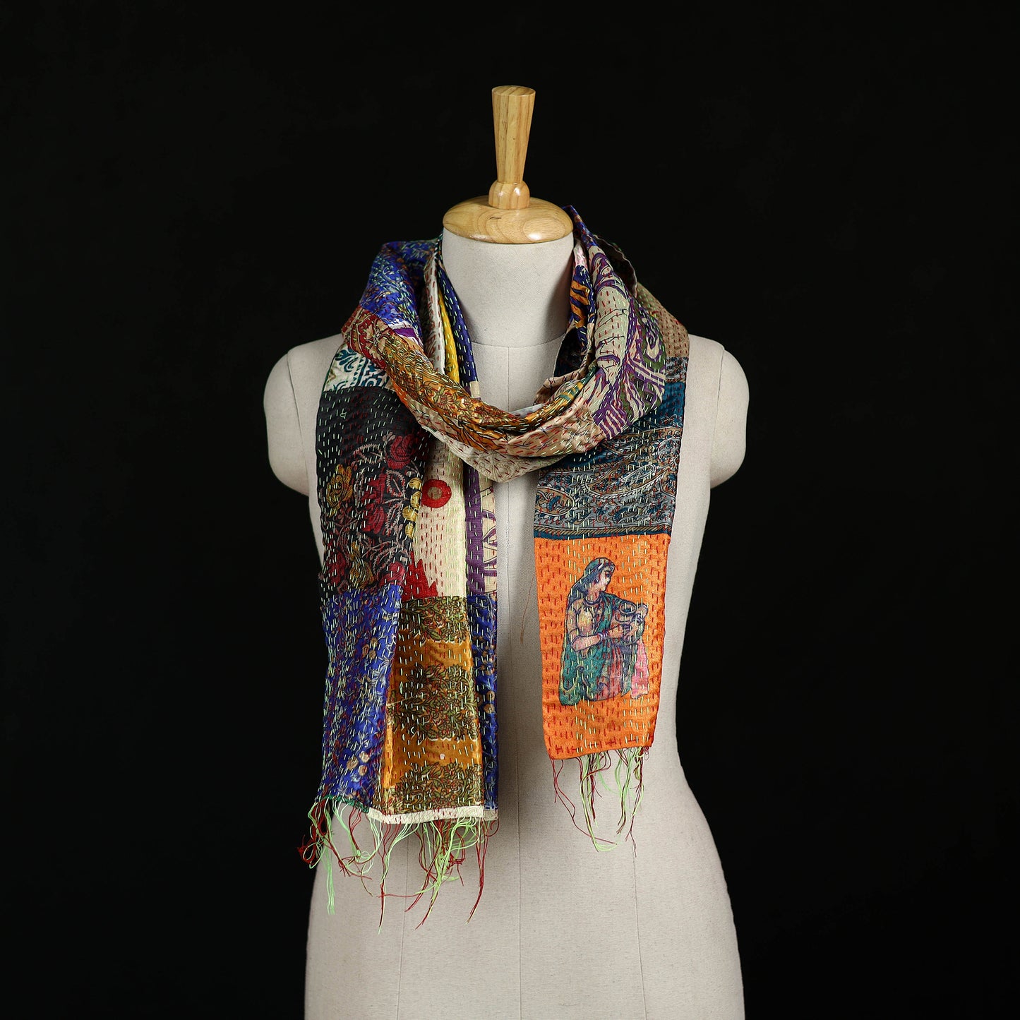 Bengal Kantha Handwork Patchwork Reversible Silk Stole 307