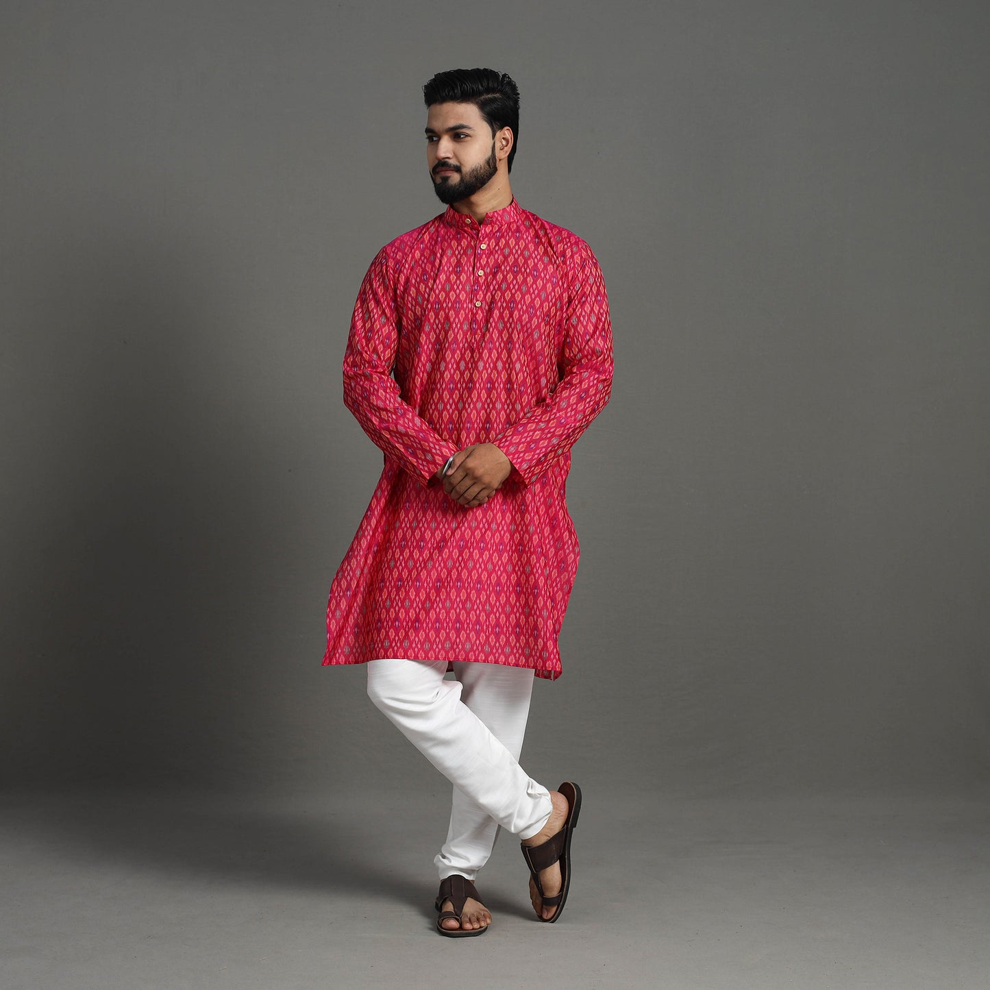 Pink Silk Cotton Handwoven Pochampally Ikat Kurta for Men