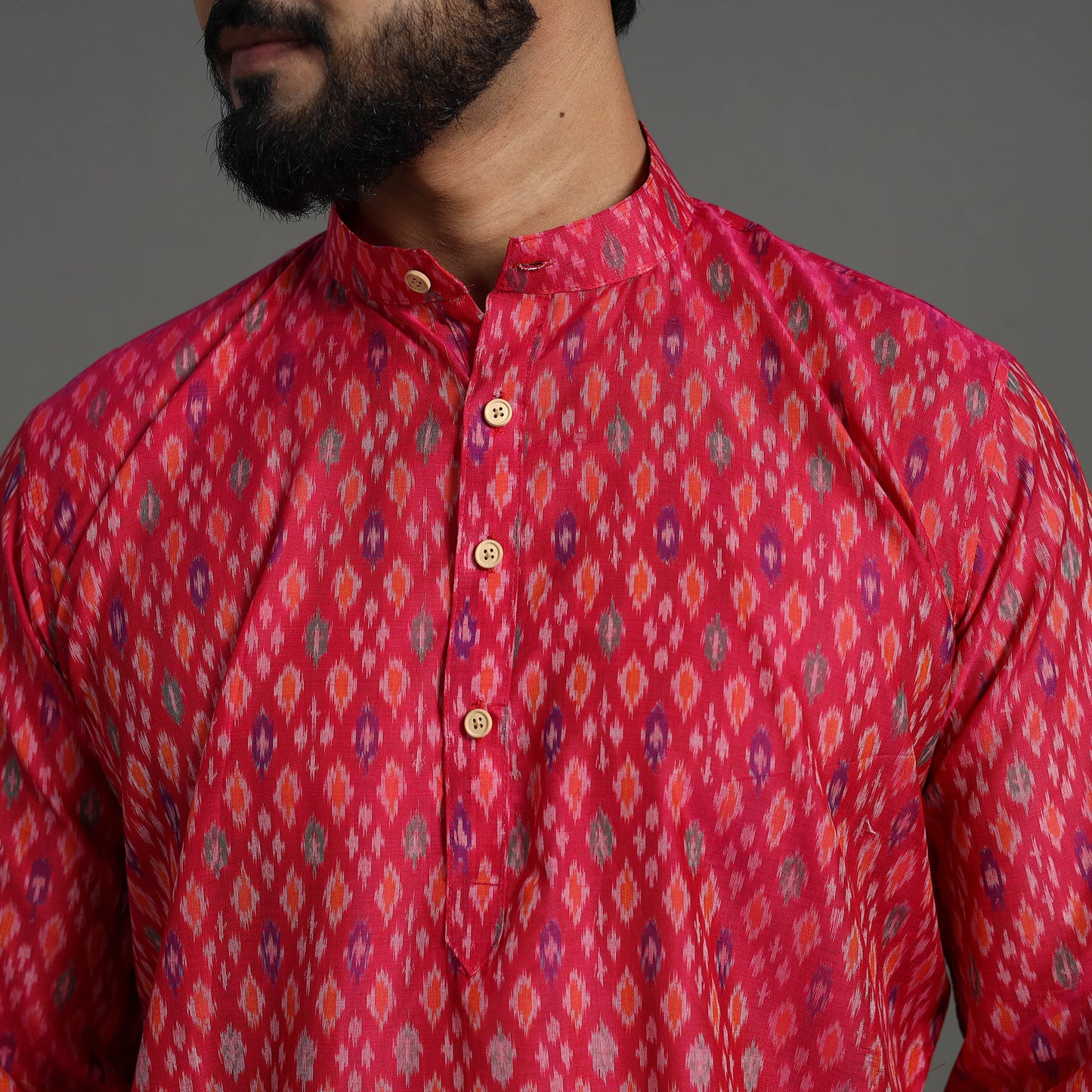 Pink Silk Cotton Handwoven Pochampally Ikat Kurta for Men
