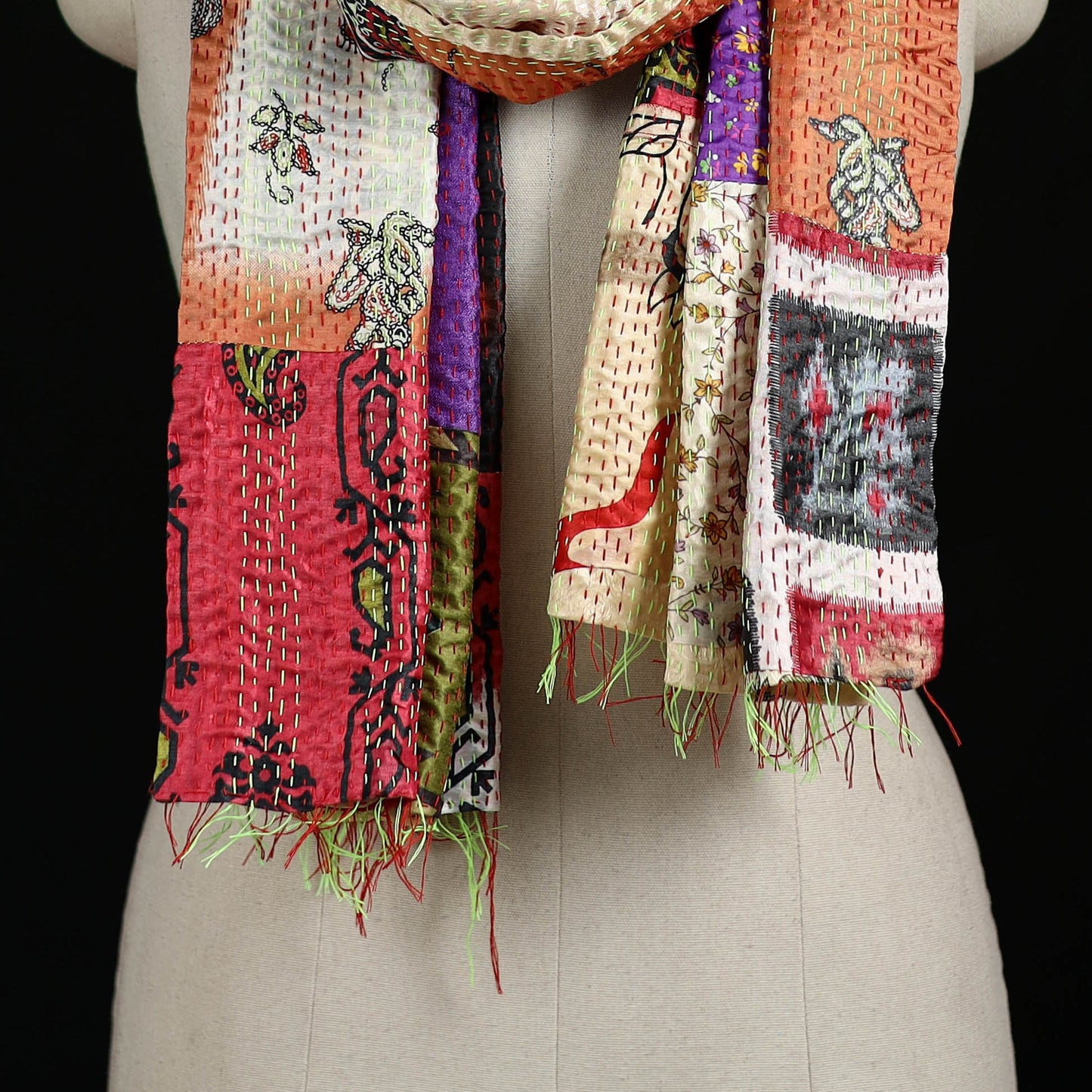 Bengal Kantha Handwork Patchwork Reversible Silk Stole 328