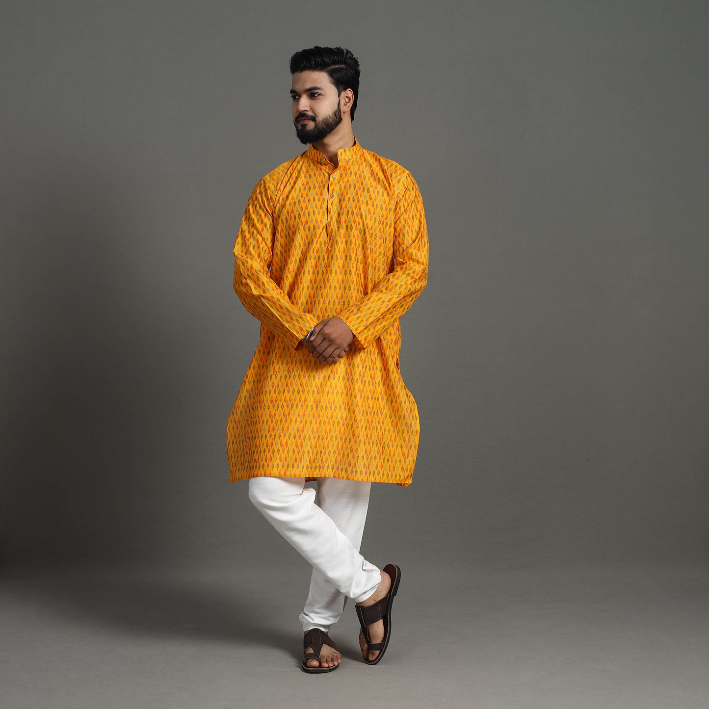 Yelow Silk Cotton Handwoven Pochampally Ikat Kurta for Men