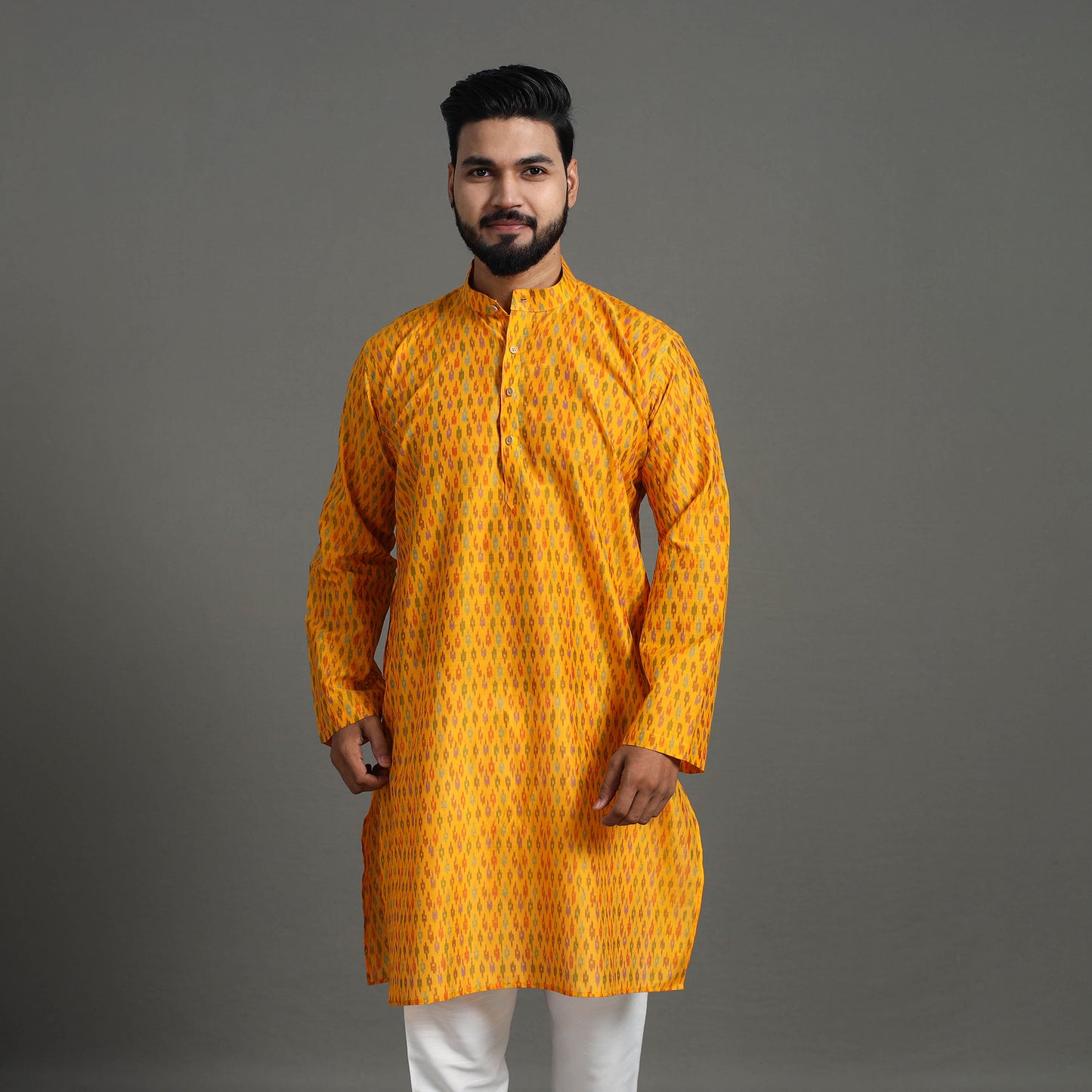 Yelow Silk Cotton Handwoven Pochampally Ikat Kurta for Men