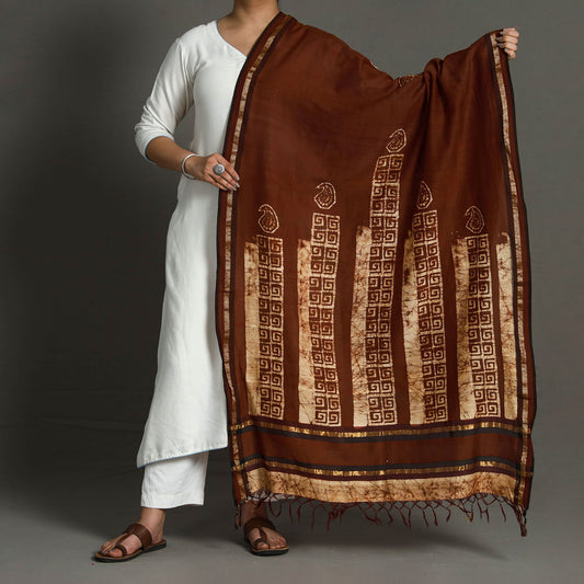 Brown - Hand Batik Printed Silk Cotton Dupatta with Zari Border 60