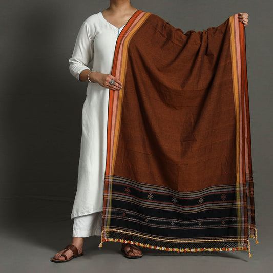 Brown - Kutch Bhujodi Weaving Handloom Organic Kala Cotton Dupatta with Tassels 61