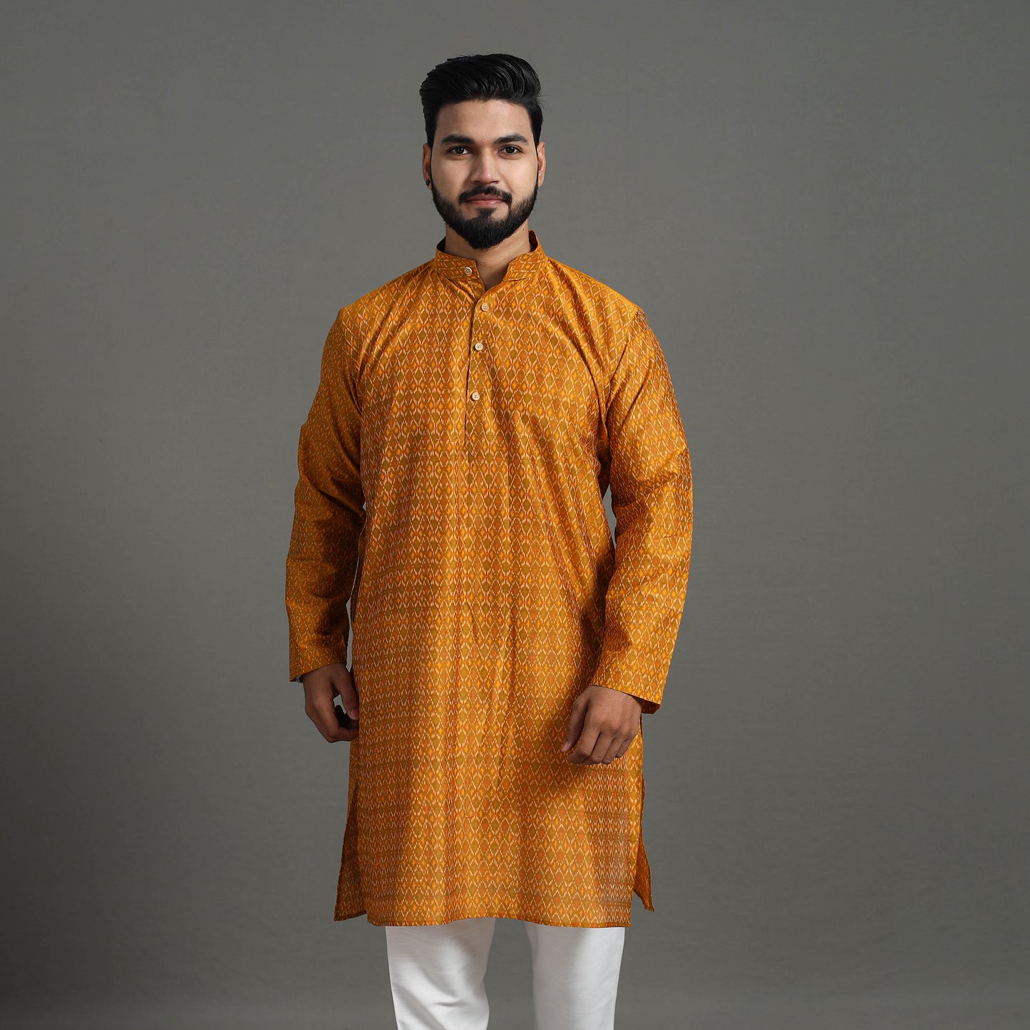 Yellow Silk Cotton Handwoven Pochampally Ikat Kurta for Men