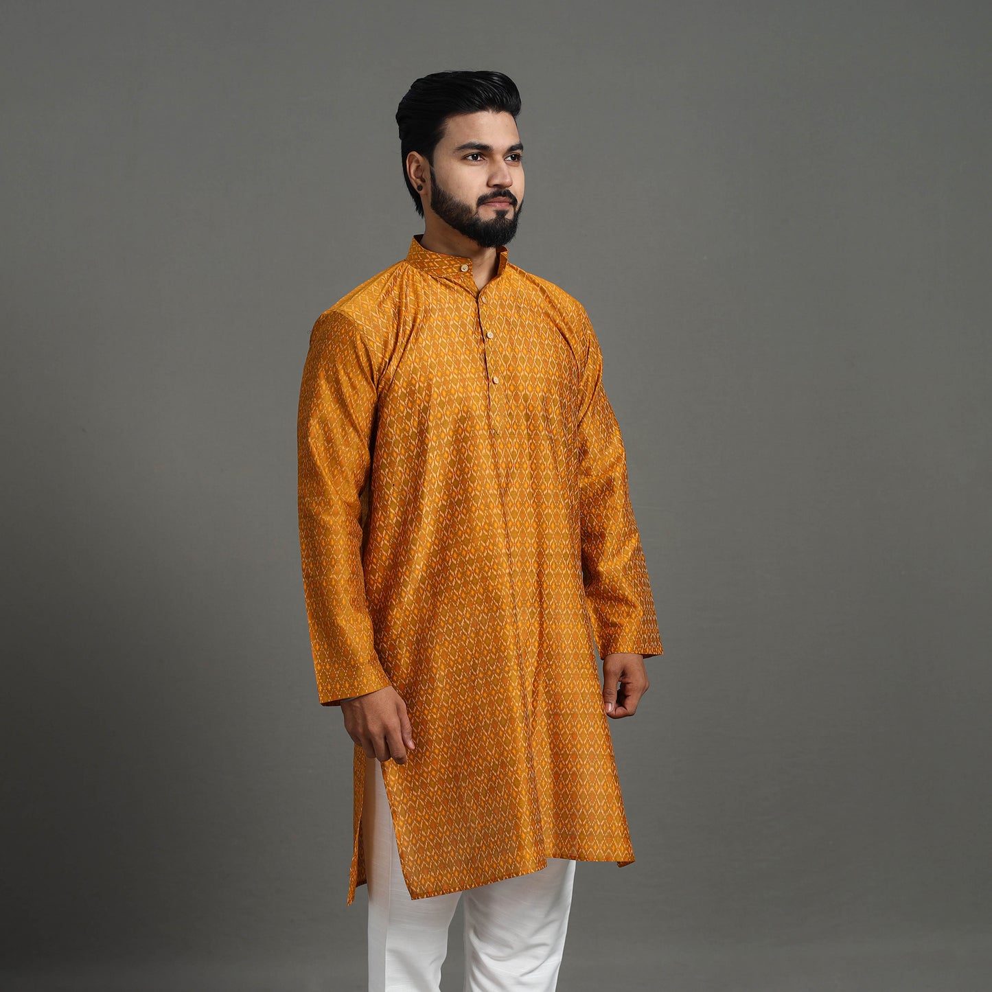 Yellow Silk Cotton Handwoven Pochampally Ikat Kurta for Men