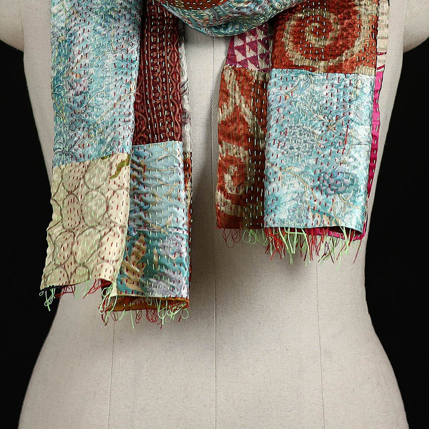 Bengal Kantha Handwork Patchwork Reversible Silk Stole 337