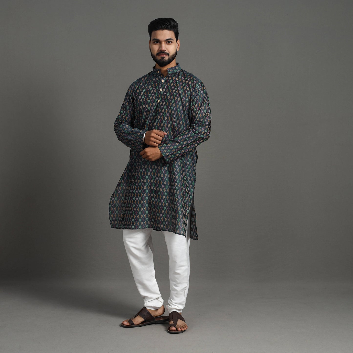 Black Silk Cotton Handwoven Pochampally Ikat Kurta for Men