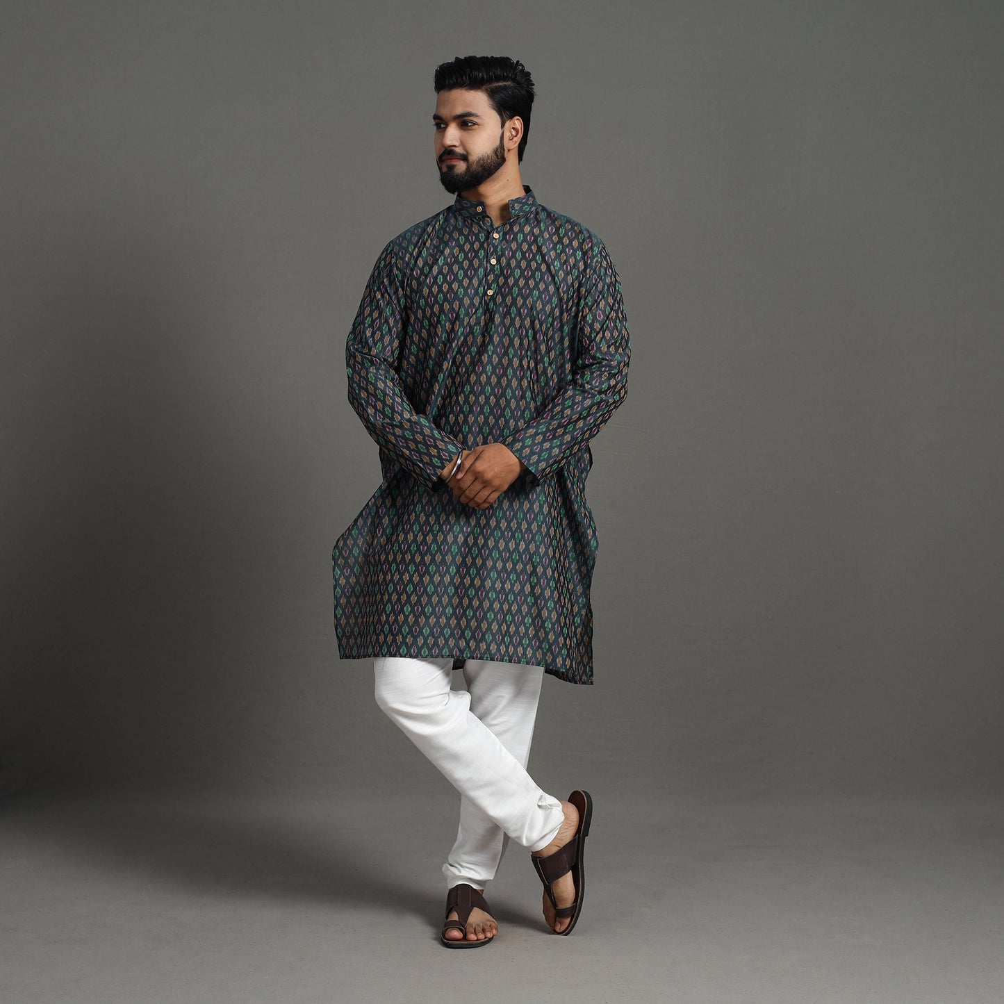 Black Silk Cotton Handwoven Pochampally Ikat Kurta for Men