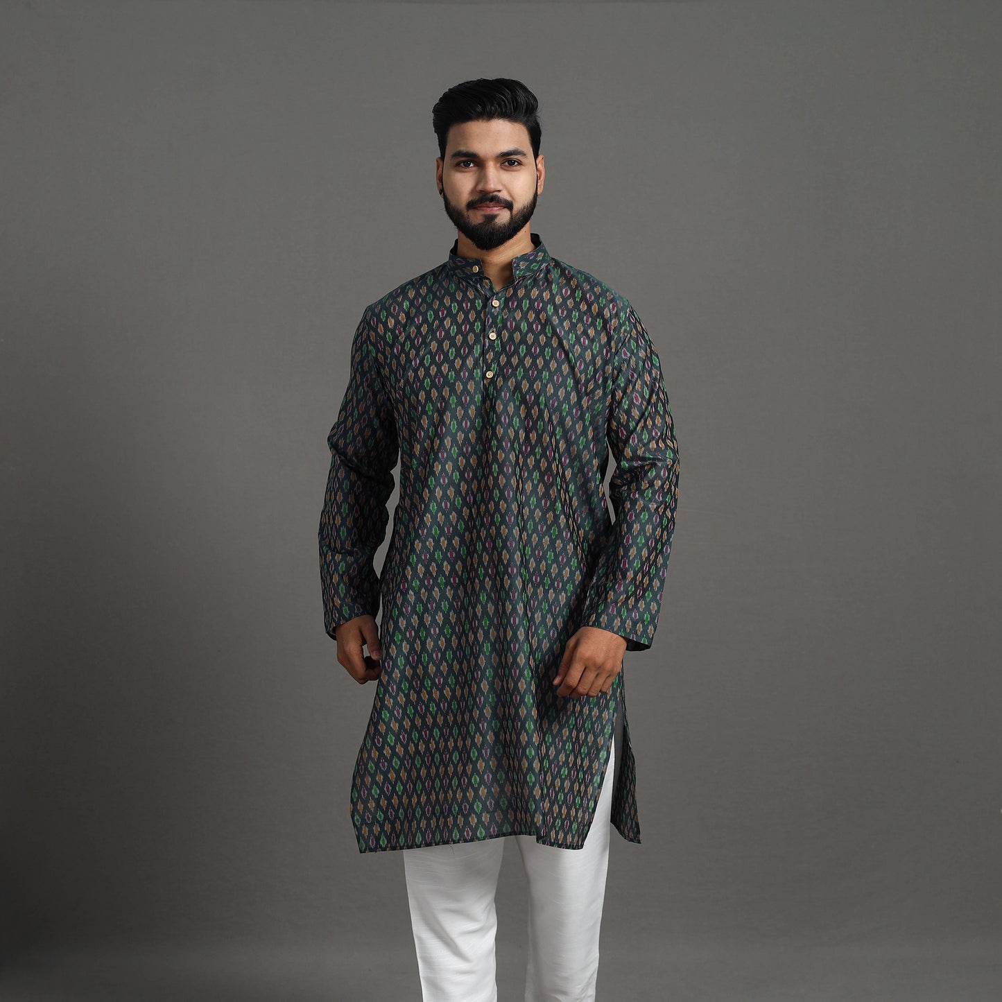 Black Silk Cotton Handwoven Pochampally Ikat Kurta for Men