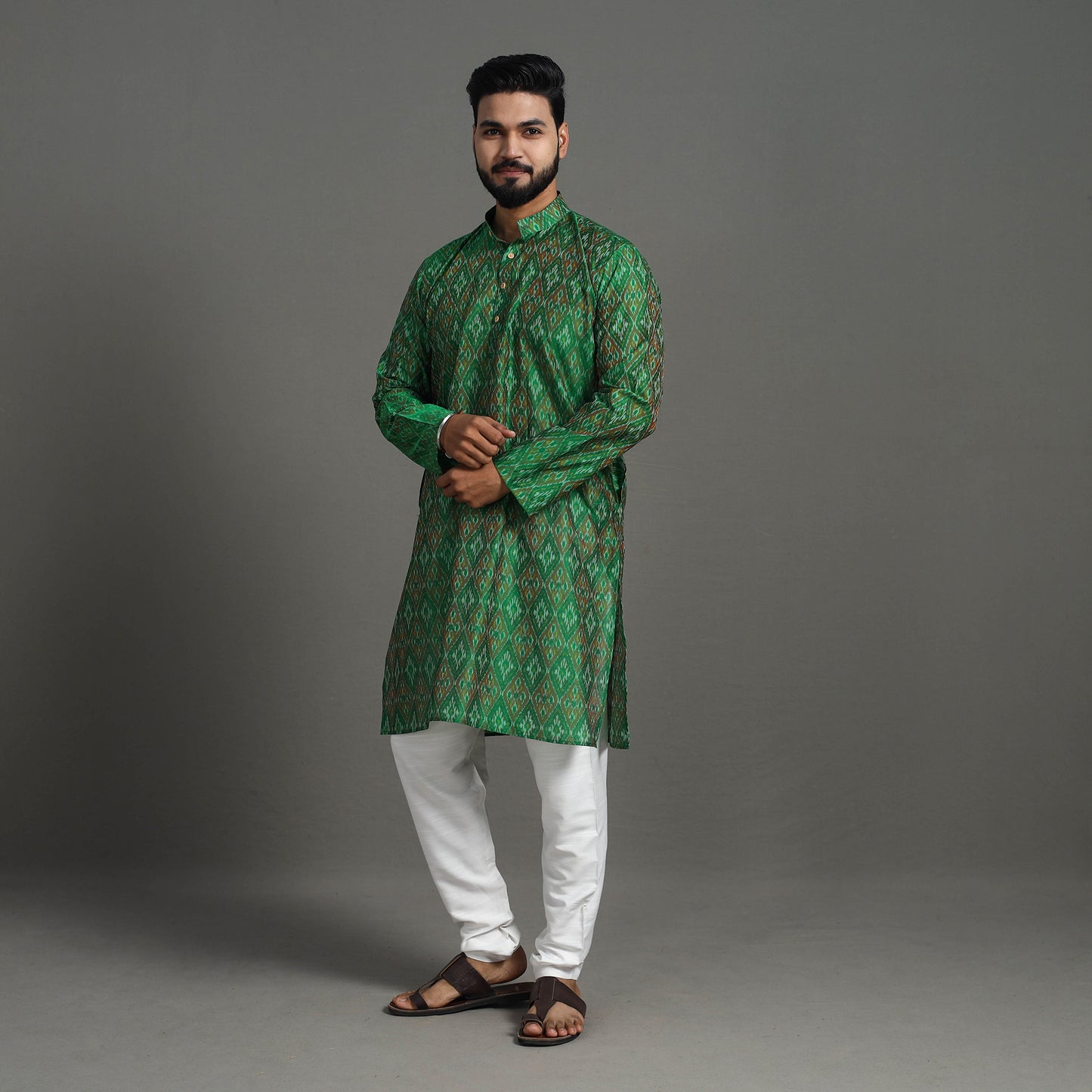 Green Silk Cotton Handwoven Pochampally Ikat Kurta for Men