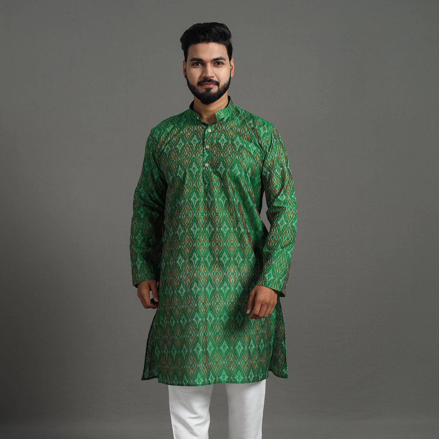 Green Silk Cotton Handwoven Pochampally Ikat Kurta for Men