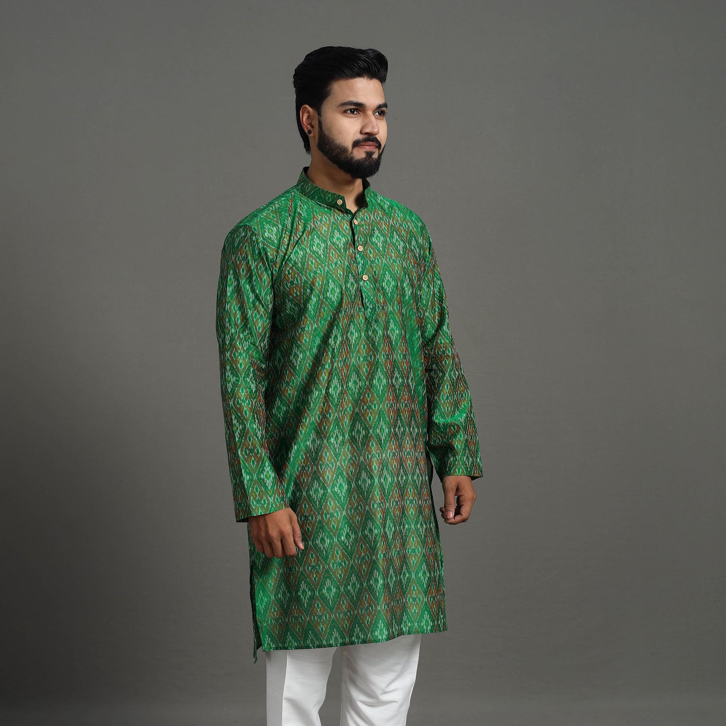Green Silk Cotton Handwoven Pochampally Ikat Kurta for Men