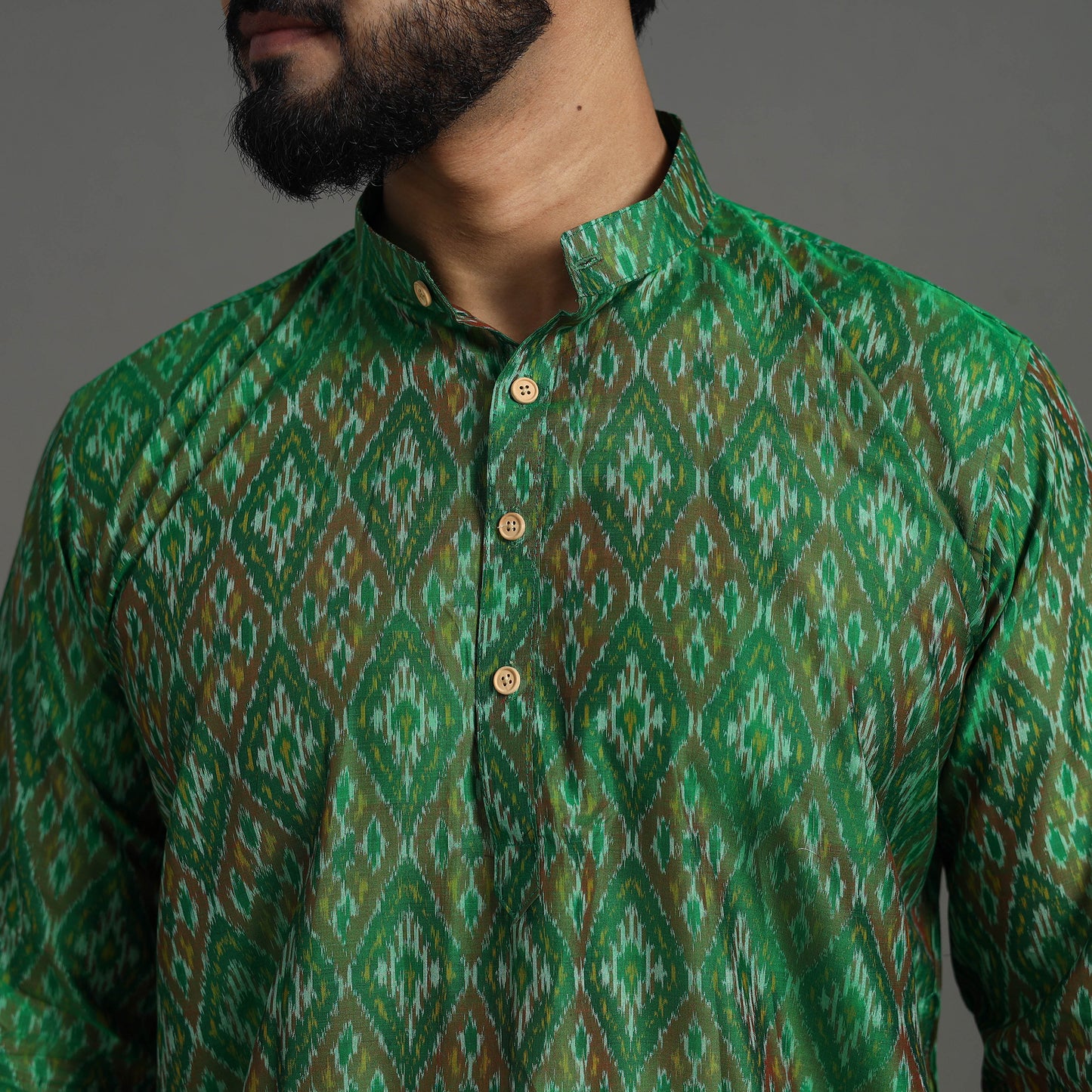 Green Silk Cotton Handwoven Pochampally Ikat Kurta for Men