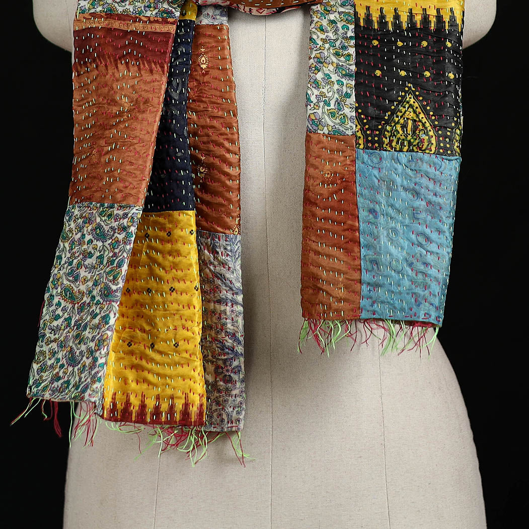 Bengal Kantha Handwork Patchwork Reversible Silk Stole 355