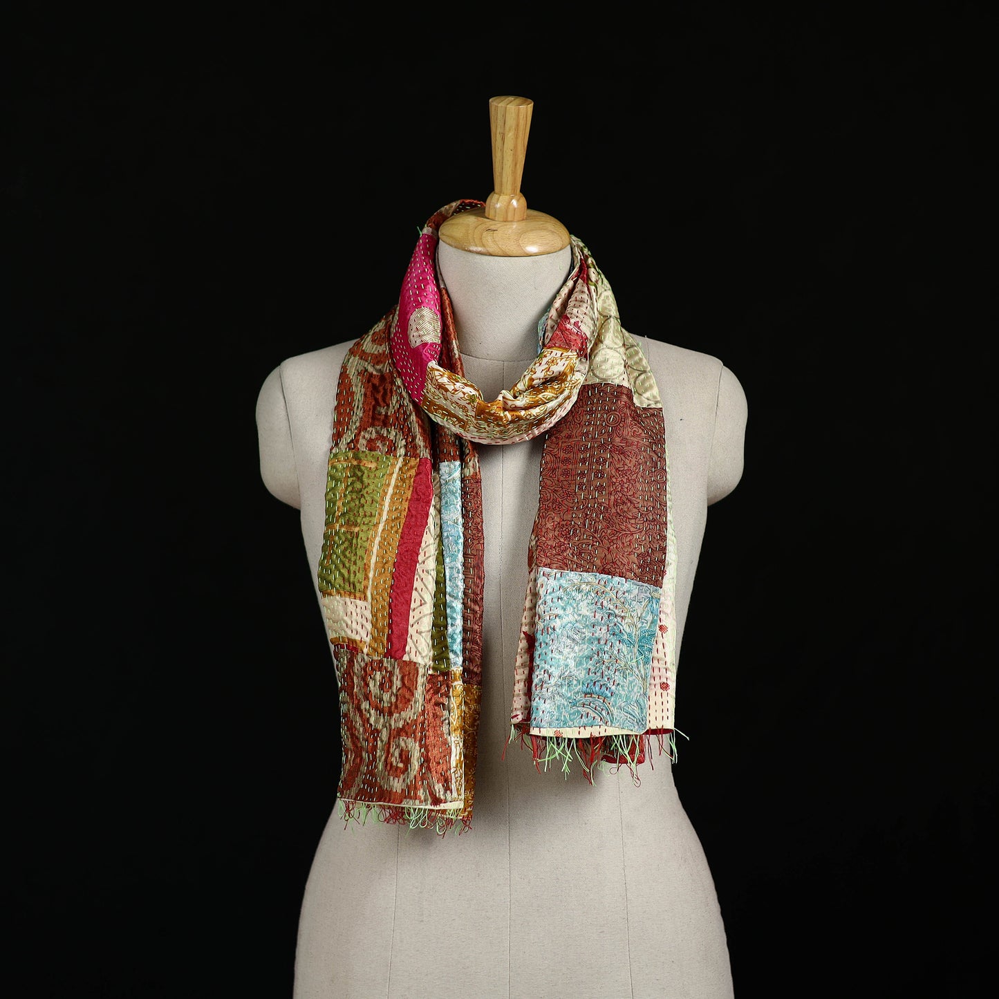 Bengal Kantha Handwork Patchwork Reversible Silk Stole 357